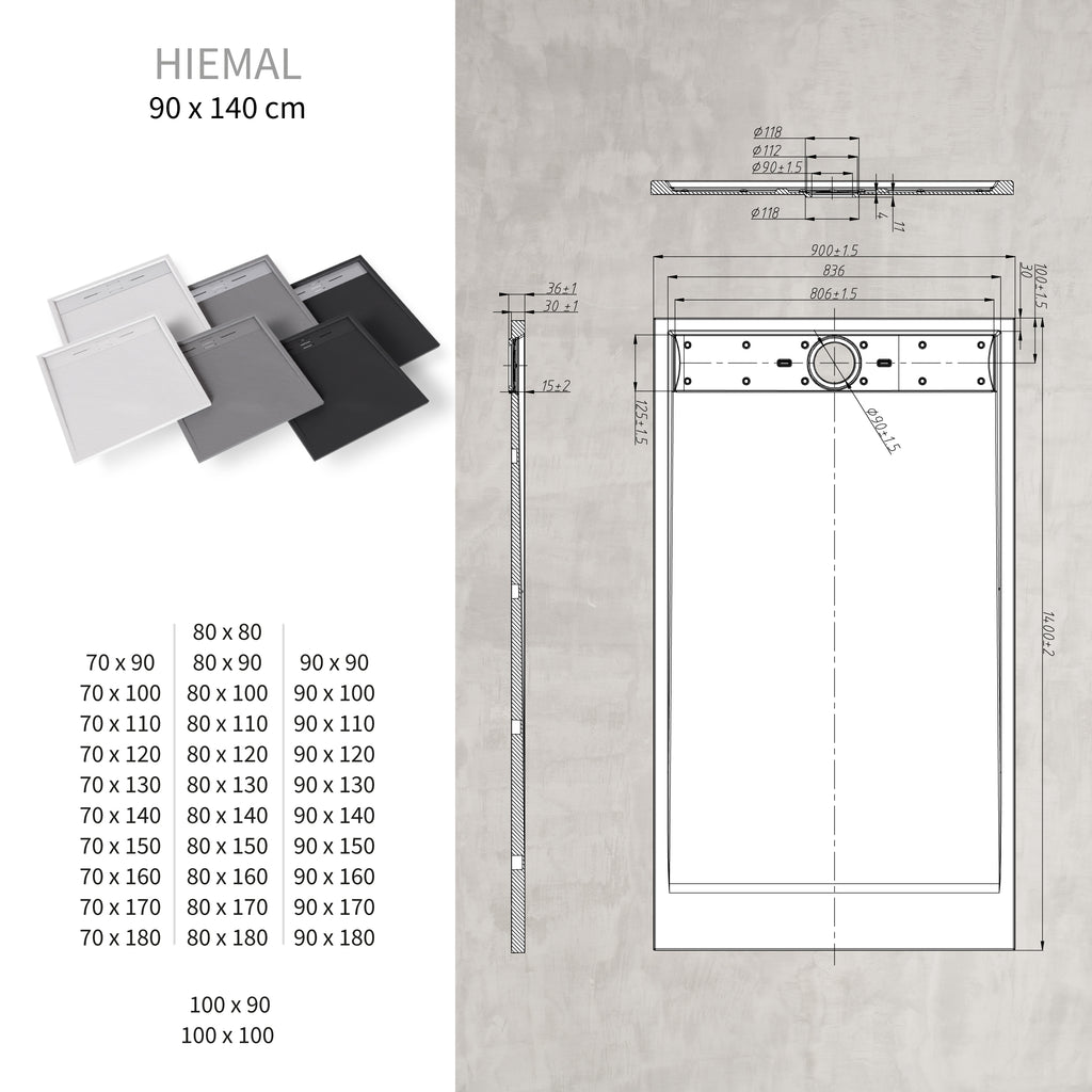 HIEMAL - Base de duche preta antiderrapante, resistente, duradouro e fácil de limpar - Inc. sifão