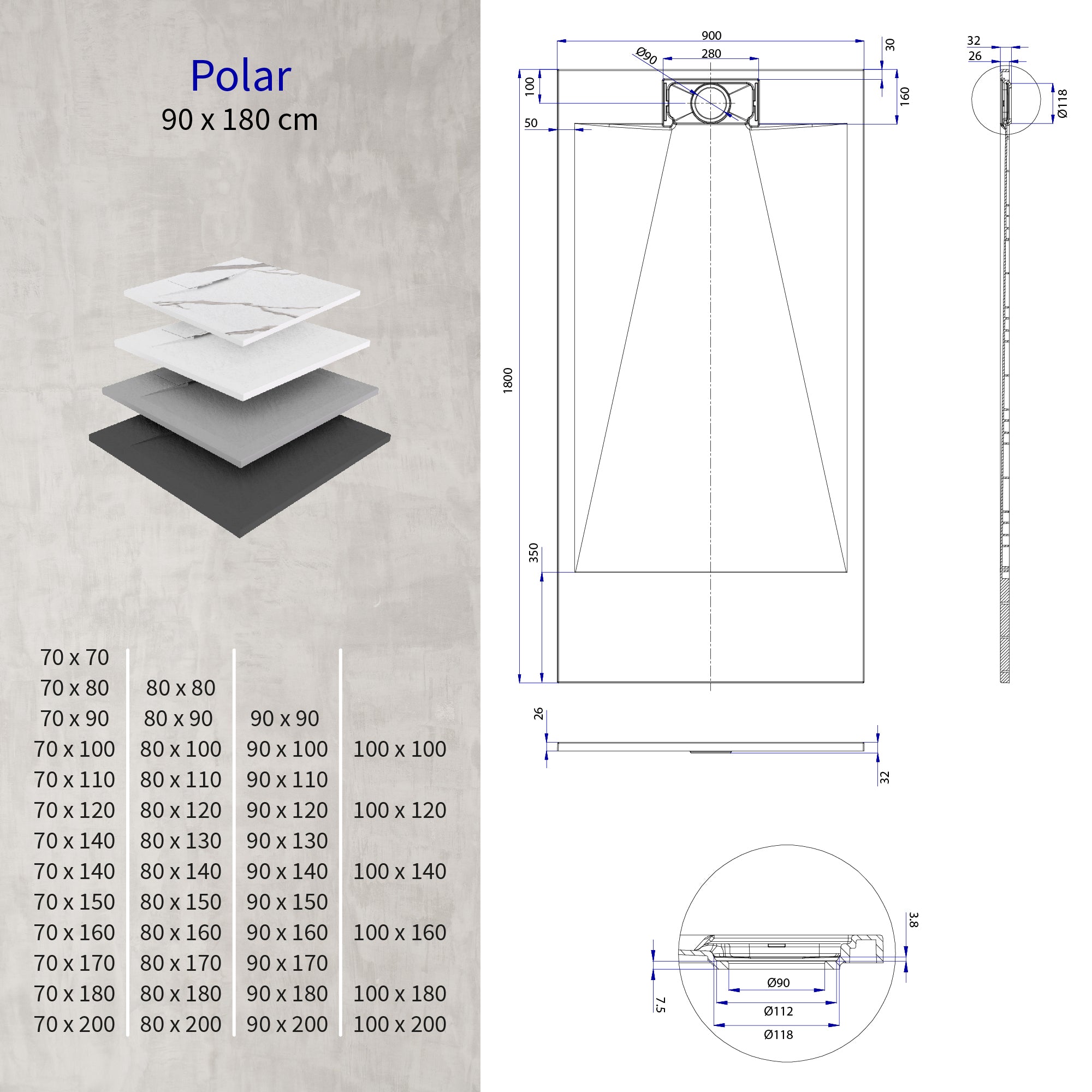 POLAR - Base de duche branca antiderrapante, resistente, duradouro e fácil de limpar - Inc. sifão