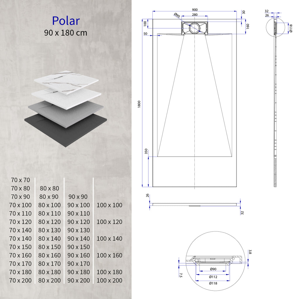 POLAR - Base de Duche Carrara Antiderrapante, Resistente, Duradouro e Fácil de Limpar - Inc. sifão