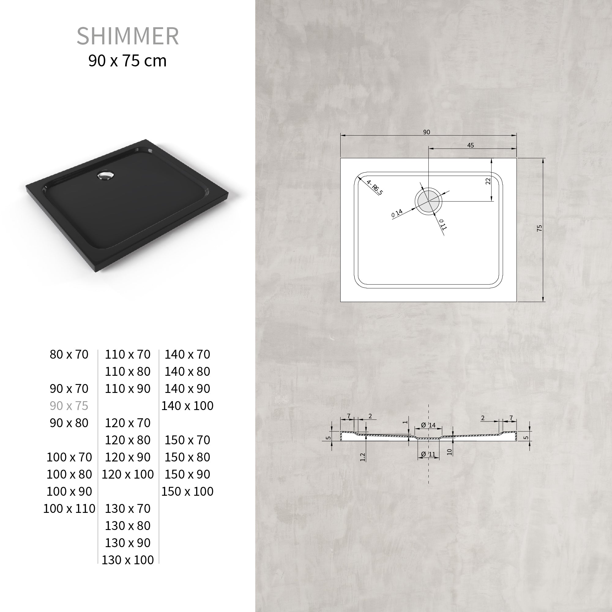 SHIMMER - Base de Duche Preta Smooth Acrílica, Textura Lisa, Extraplana 5cm, Sifão e Válvula Incluídos