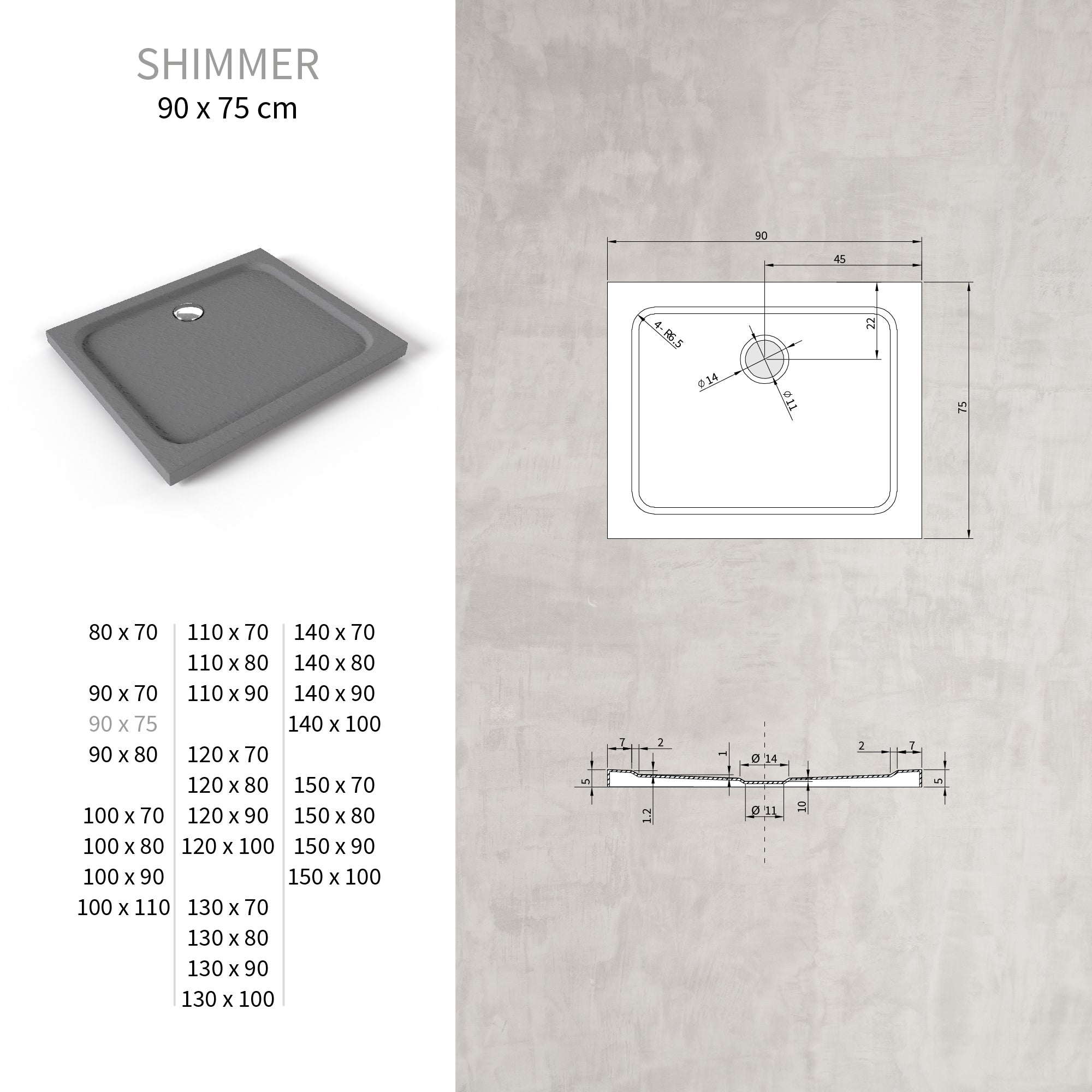 SHIMMER - Base de Duche Cinzenta Stone Acrílica, Textura Pedra, Extraplana 5cm, Sifão e Válvula Incluído