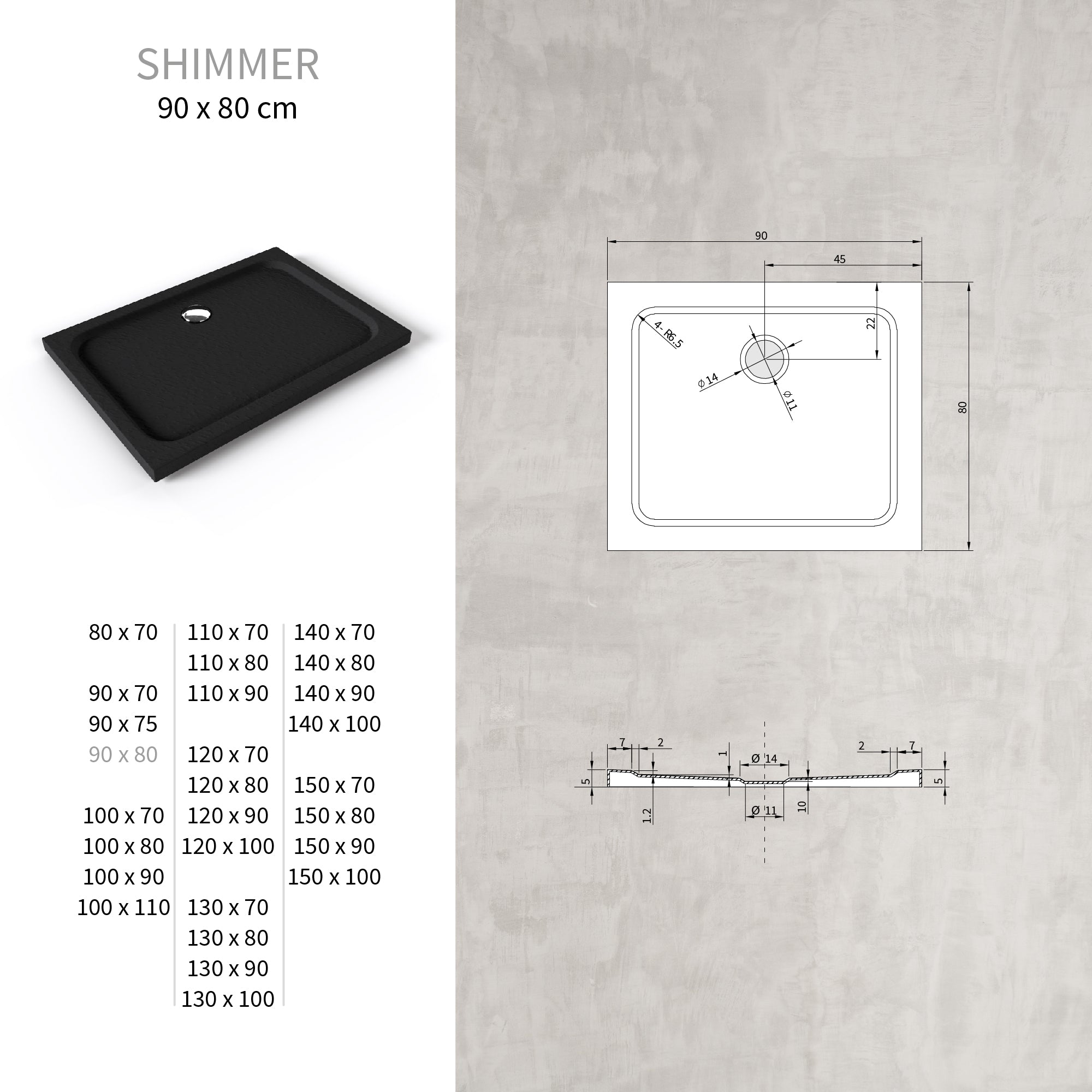 SHIMMER - Base de Duche Preta Stone Acrílica, Textura Pedra, Extraplana 5cm, Sifão e Válvula Incluído