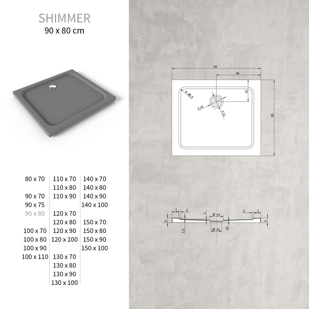 SHIMMER - Base de Duche Cinzenta Stone Acrílica, Textura Pedra, Extraplana 5cm, Sifão e Válvula Incluído