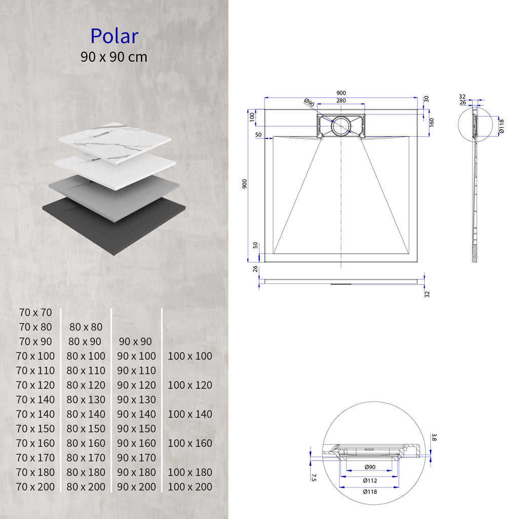 POLAR - Base de duche cinzenta antiderrapante, resistente, duradouro e fácil de limpar - Inc. sifão