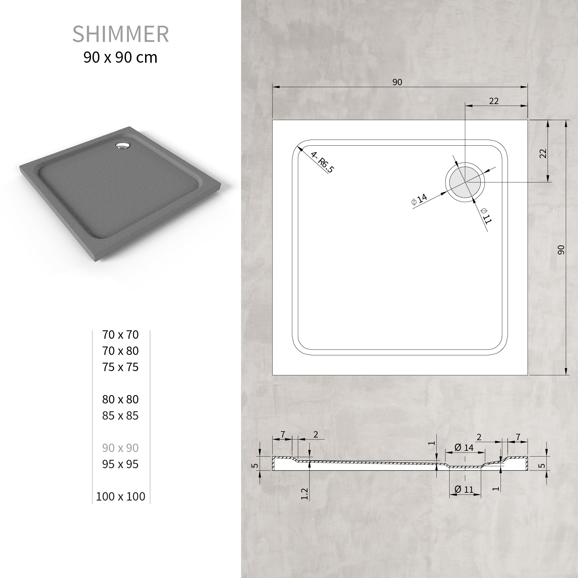 SHIMMER - Base de Duche Cinzenta Stone Acrílica, Textura Pedra, Extraplana 5cm, Sifão e Válvula Incluído