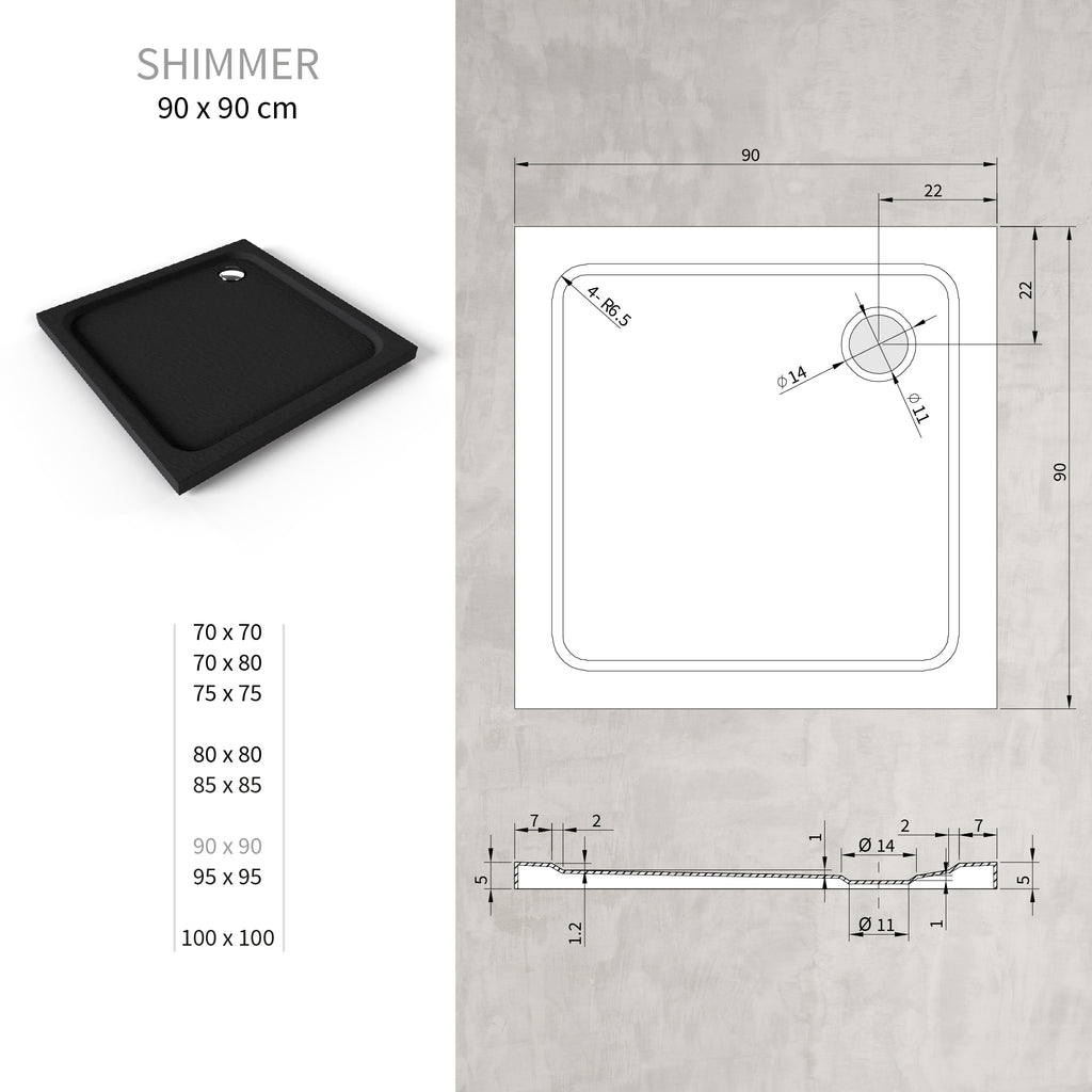 SHIMMER - Base de Duche Preta Stone Acrílica, Textura Pedra, Extraplana 5cm, Sifão e Válvula Incluído