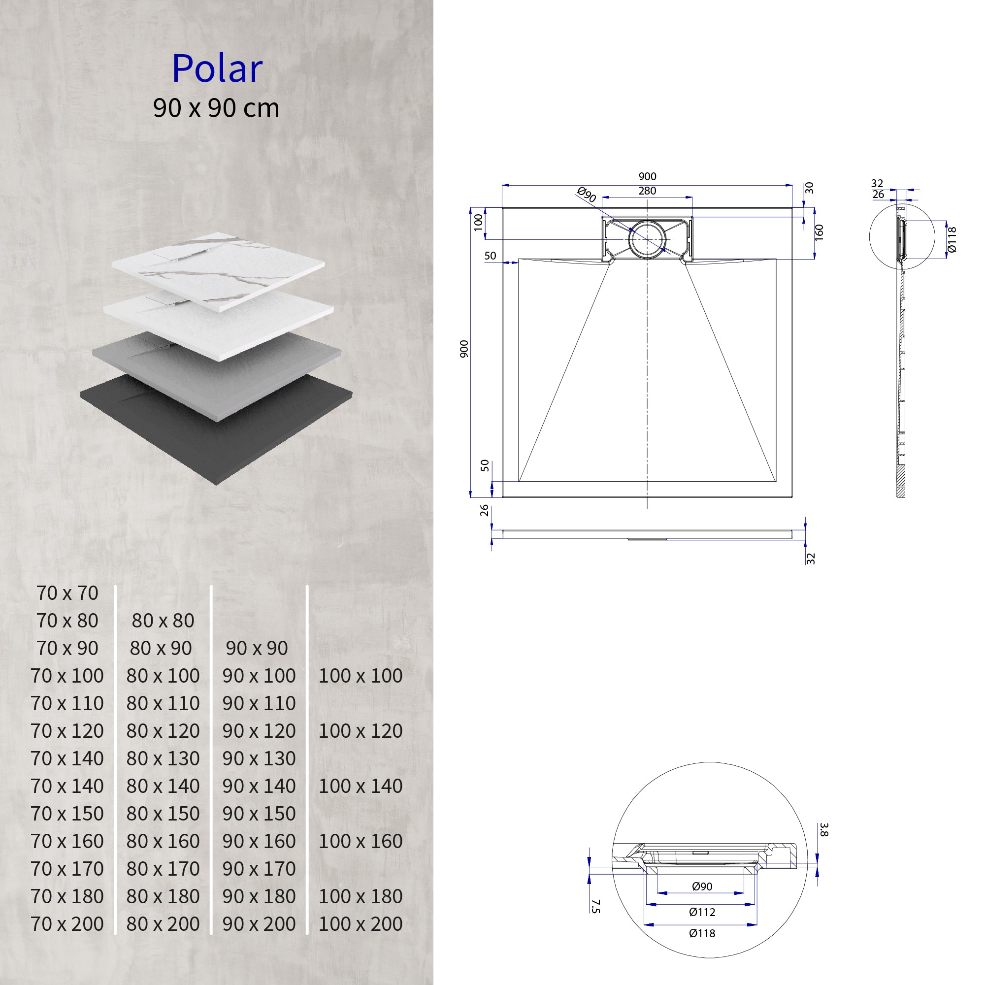 POLAR - Base de duche branca antiderrapante, resistente, duradouro e fácil de limpar - Inc. sifão