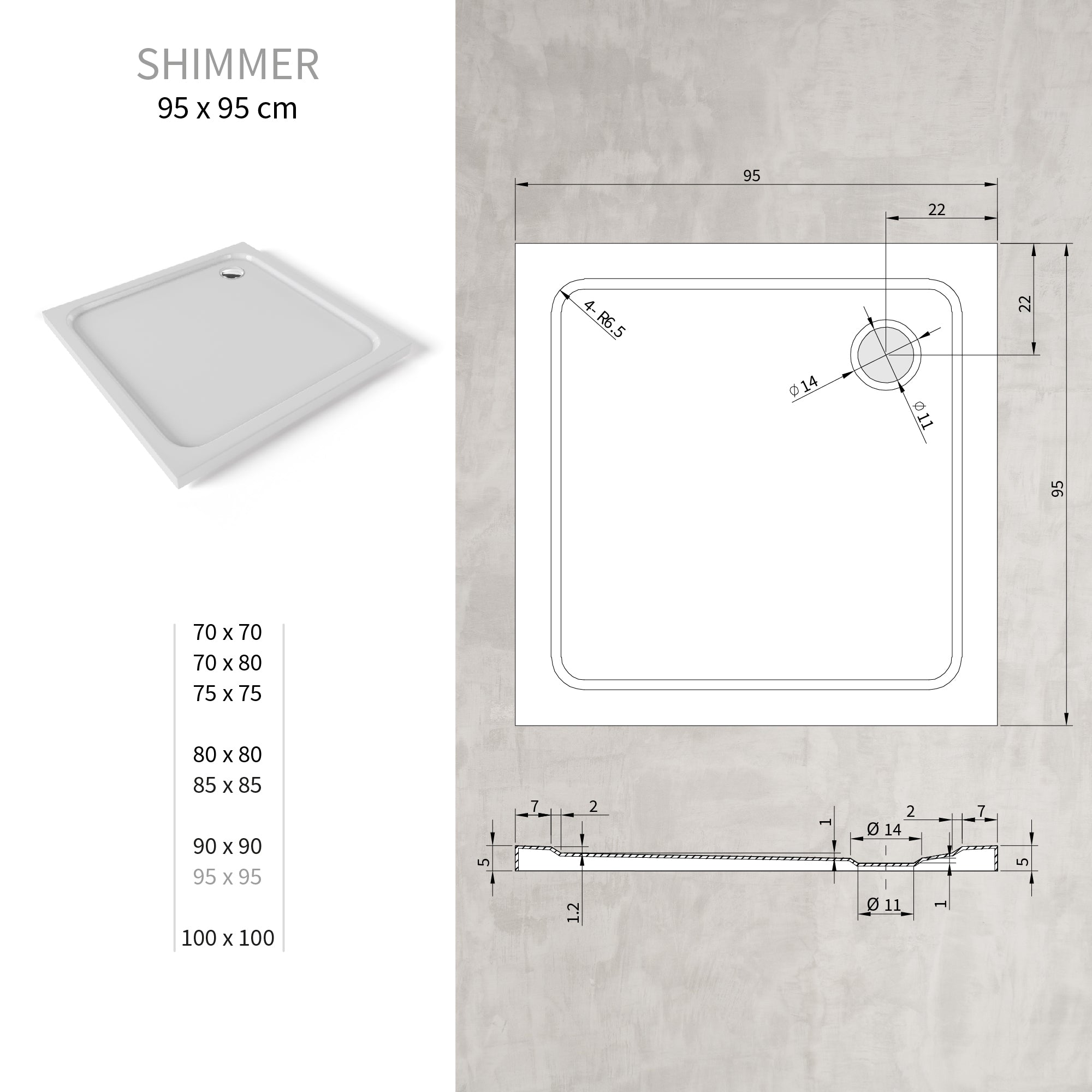 SHIMMER - Base de Duche Branca Smooth Acrílica, Textura Lisa, Extraplana 5cm, Sifão e Válvula Incluídos