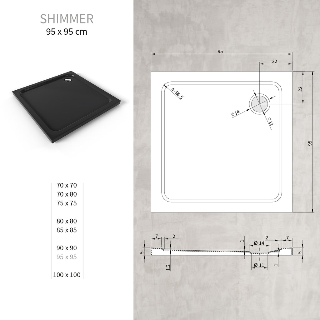SHIMMER - Base de Duche Preta Smooth Acrílica, Textura Lisa, Extraplana 5cm, Sifão e Válvula Incluídos