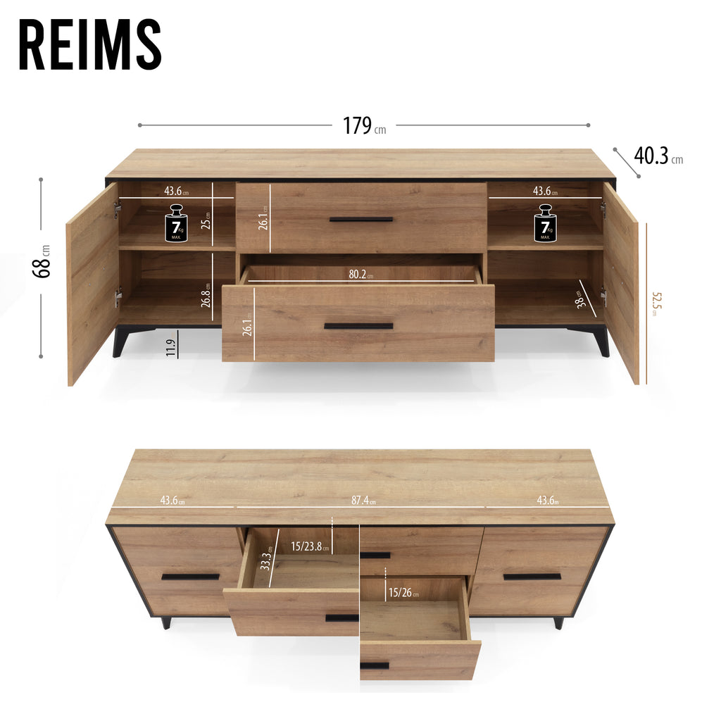 REIMS – Móvel TV em Carvalho ou Nogueira com Estrutura Preta | RTV2D1S, RTV2D2S