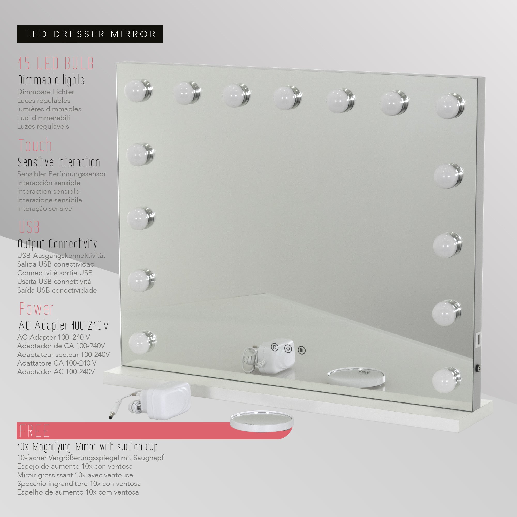 BULB STAND - Espelho de Maquilhagem com 15 Lâmpadas de Luz LED