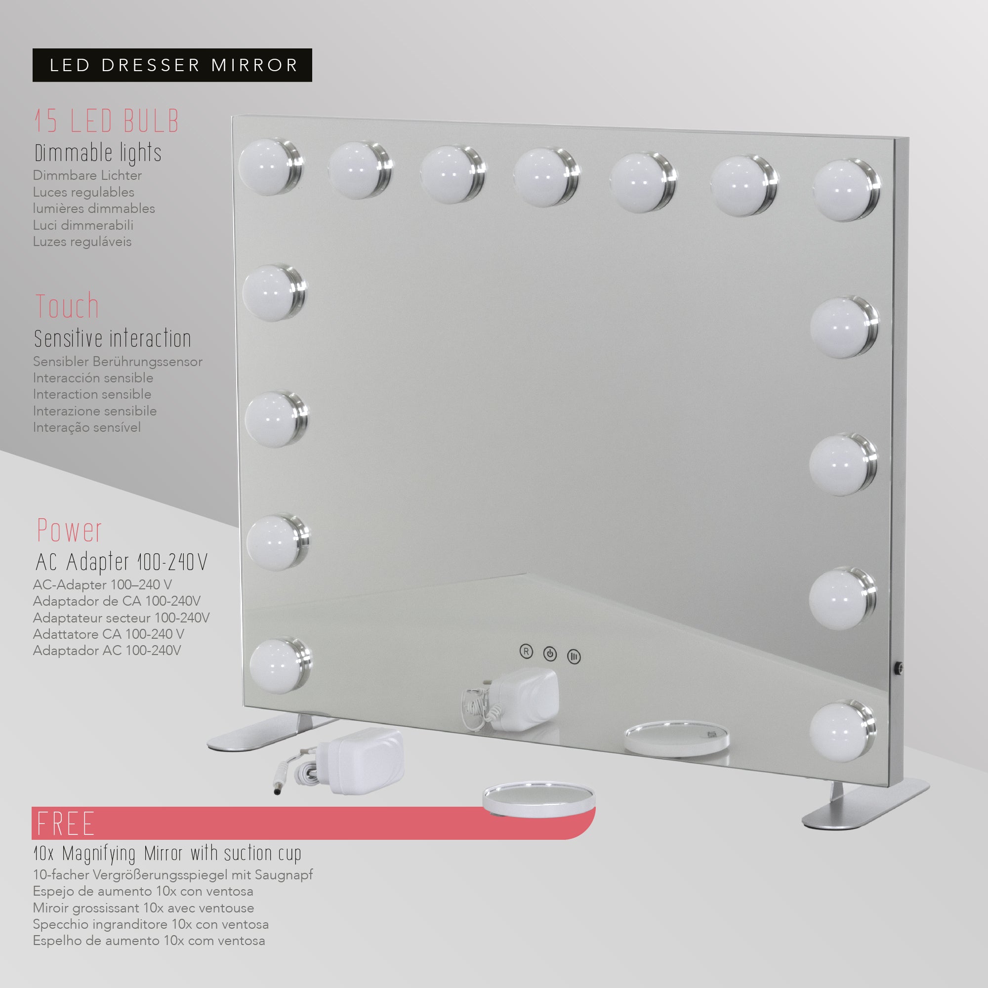 BULB PROP - Espelho de Maquilhagem com 15 Lâmpadas de Luz LED