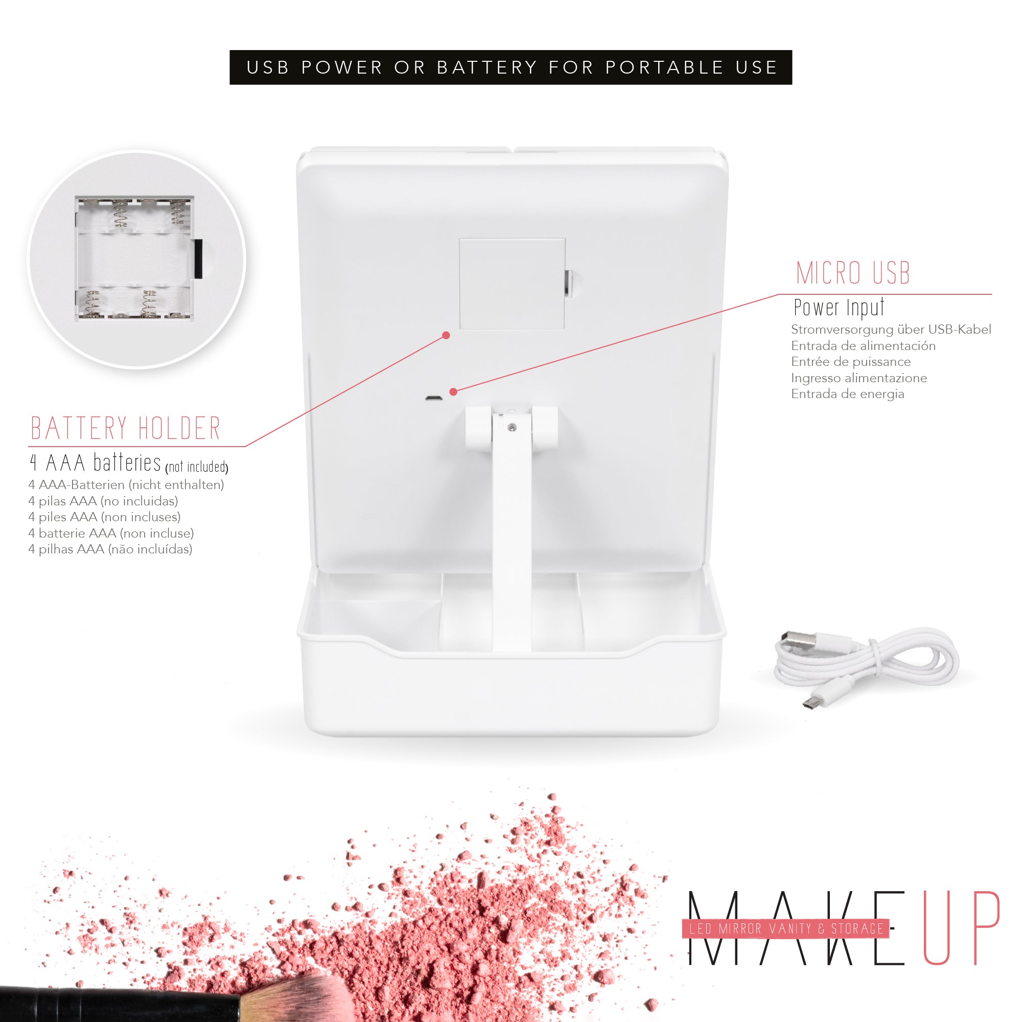 MAKEUP - Espelho de Maquilhagem com 21 Pontos de Luz LED e Ampliação