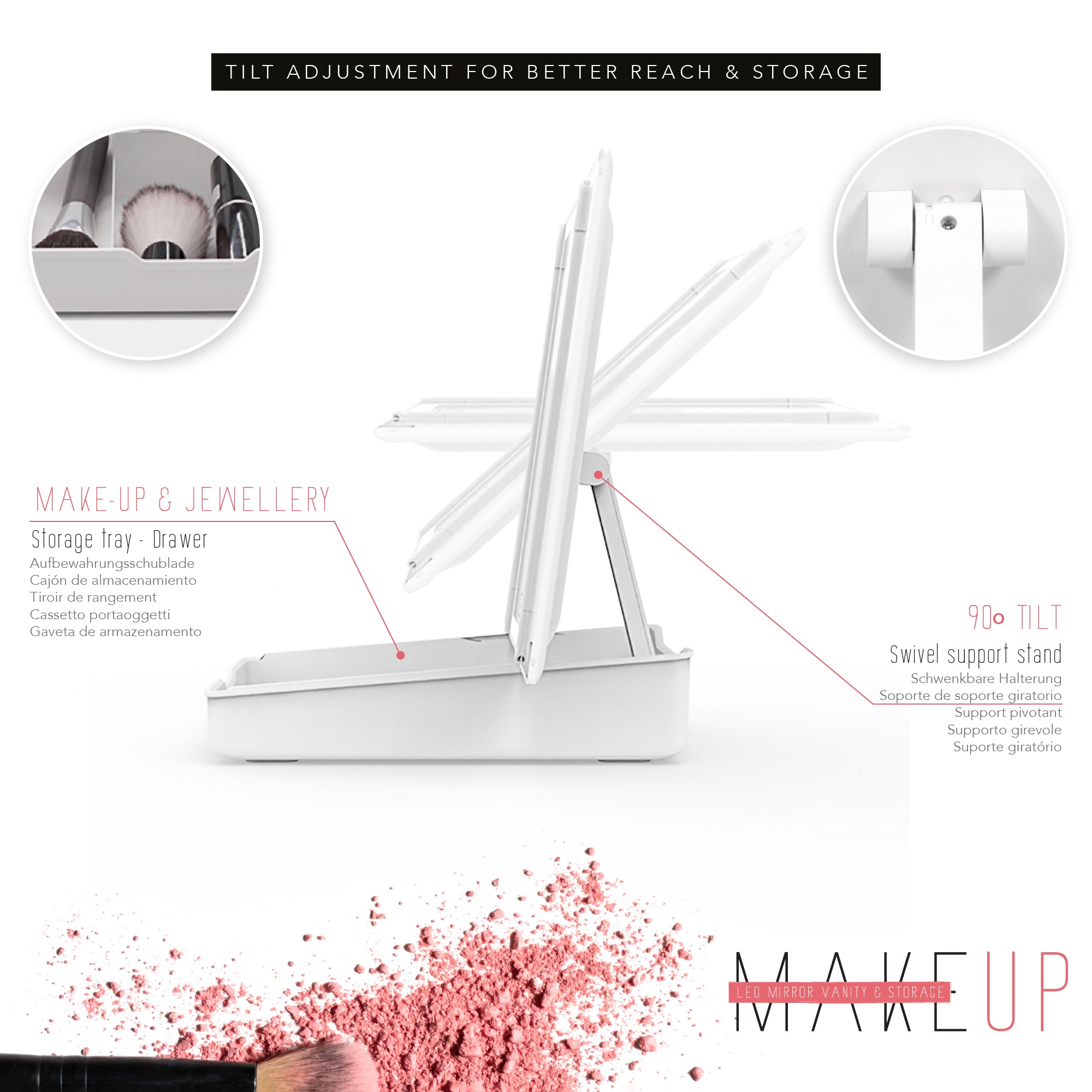 MAKEUP - Espelho de Maquilhagem com 21 Pontos de Luz LED e Ampliação