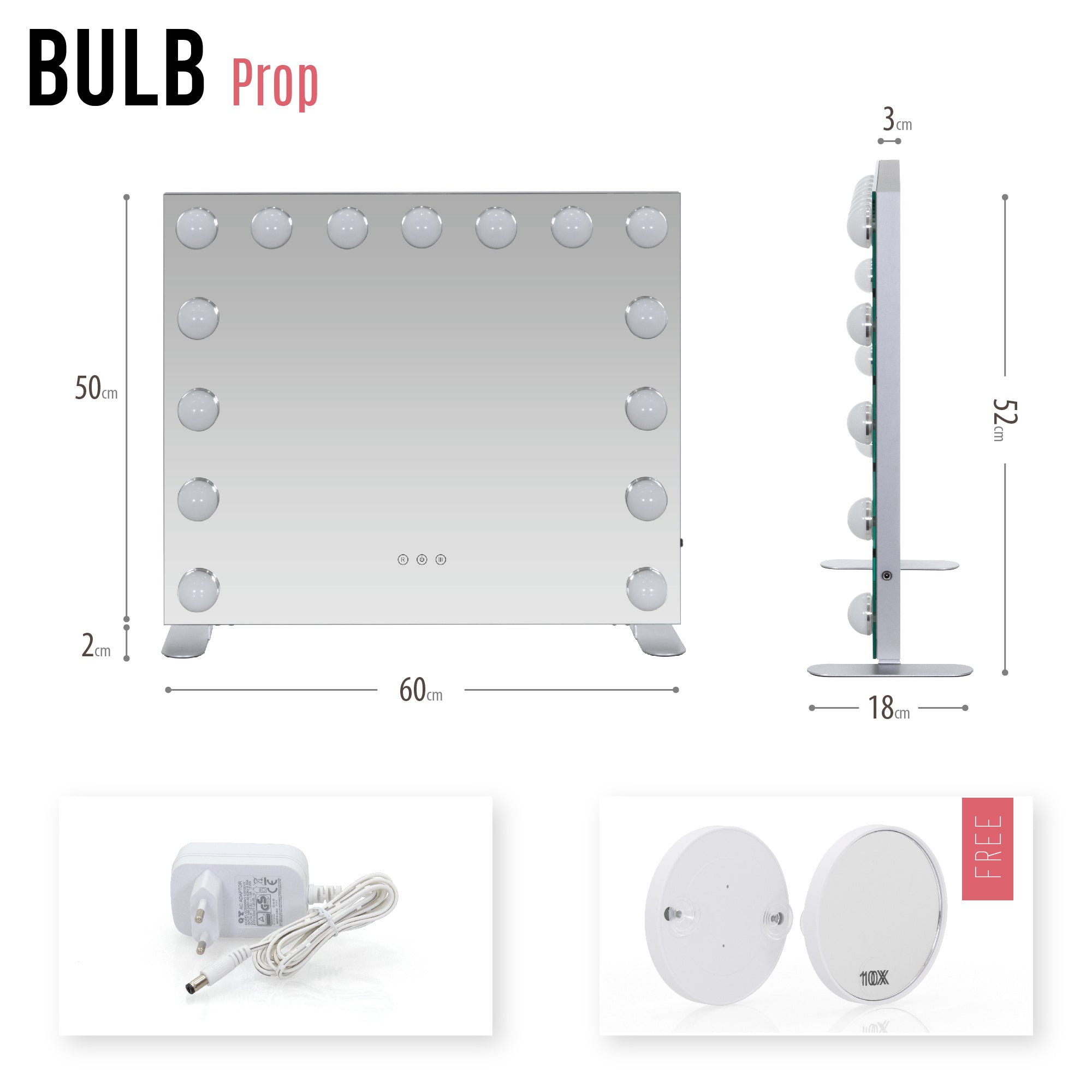 BULB PROP - Espelho de Maquilhagem com 15 Lâmpadas de Luz LED