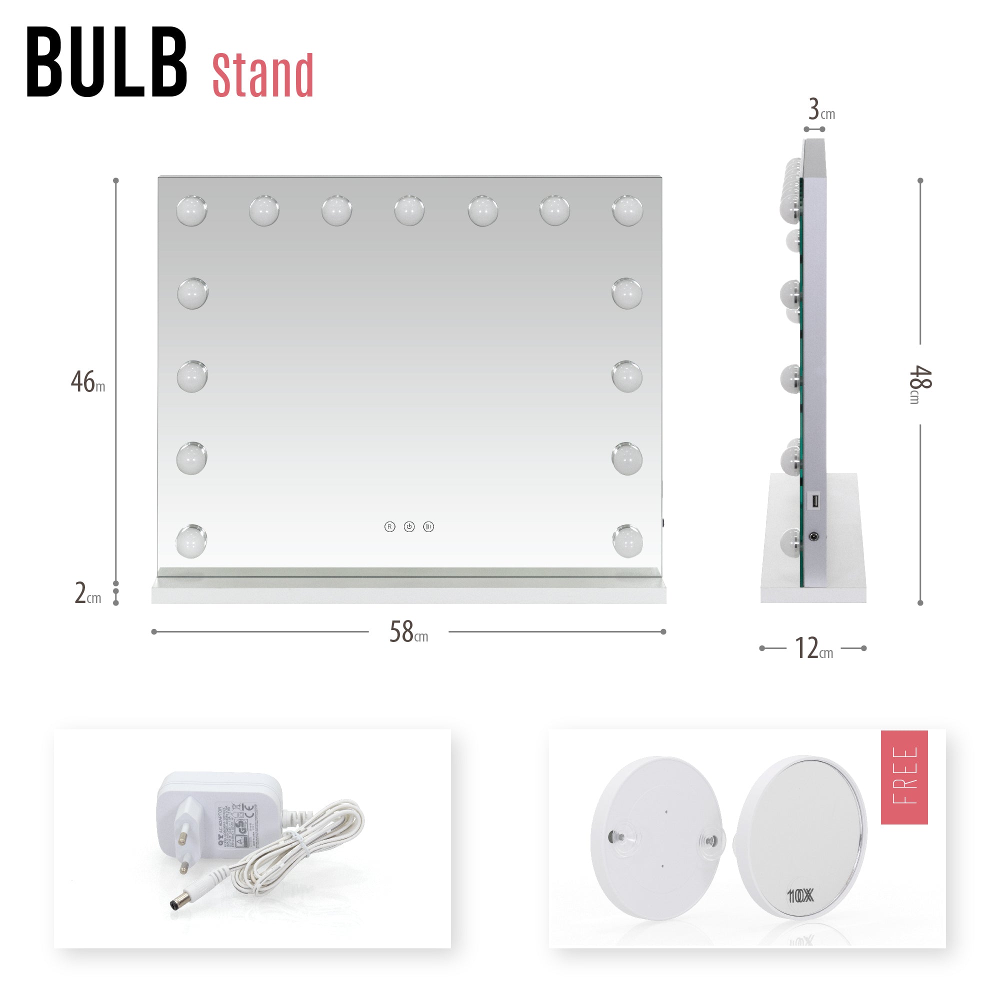 BULB STAND - Espelho de Maquilhagem com 15 Lâmpadas de Luz LED