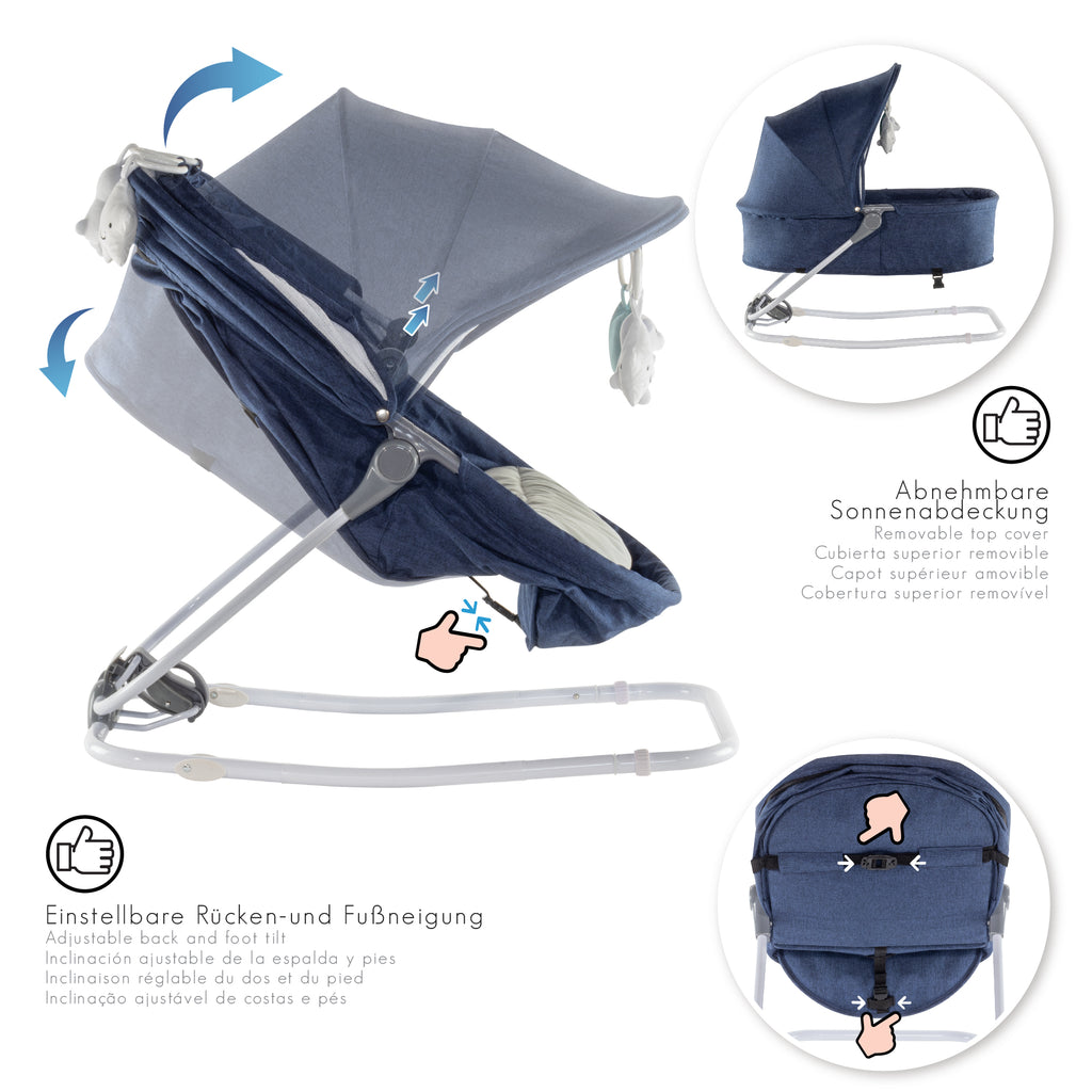 PAVO - Espreguiçadeira e Berço com Rede Mosquiteira, Cobertura e Arco Removível