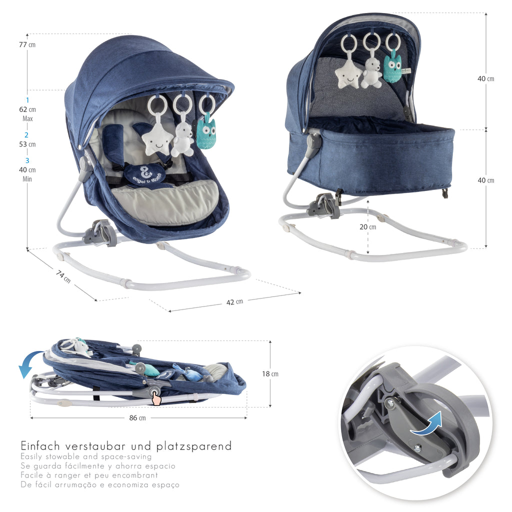 PAVO - Espreguiçadeira e Berço com Rede Mosquiteira, Cobertura e Arco Removível