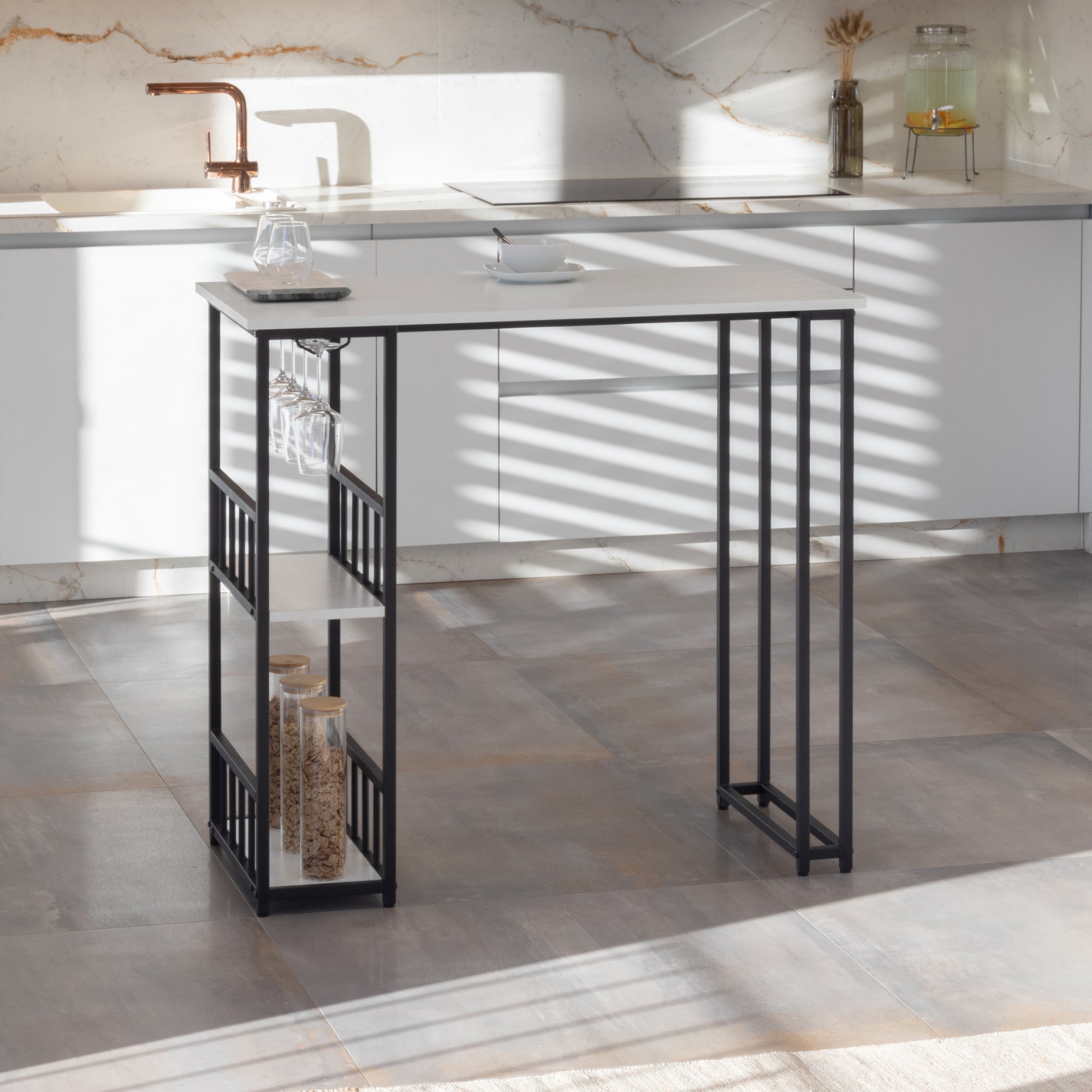 GAVIN – Mesa de Bar 110x50 cm, Altura 105 cm, com 2 Prateleiras e Porta-Copos, Estrutura em Aço, Estilo Industrial, Preto