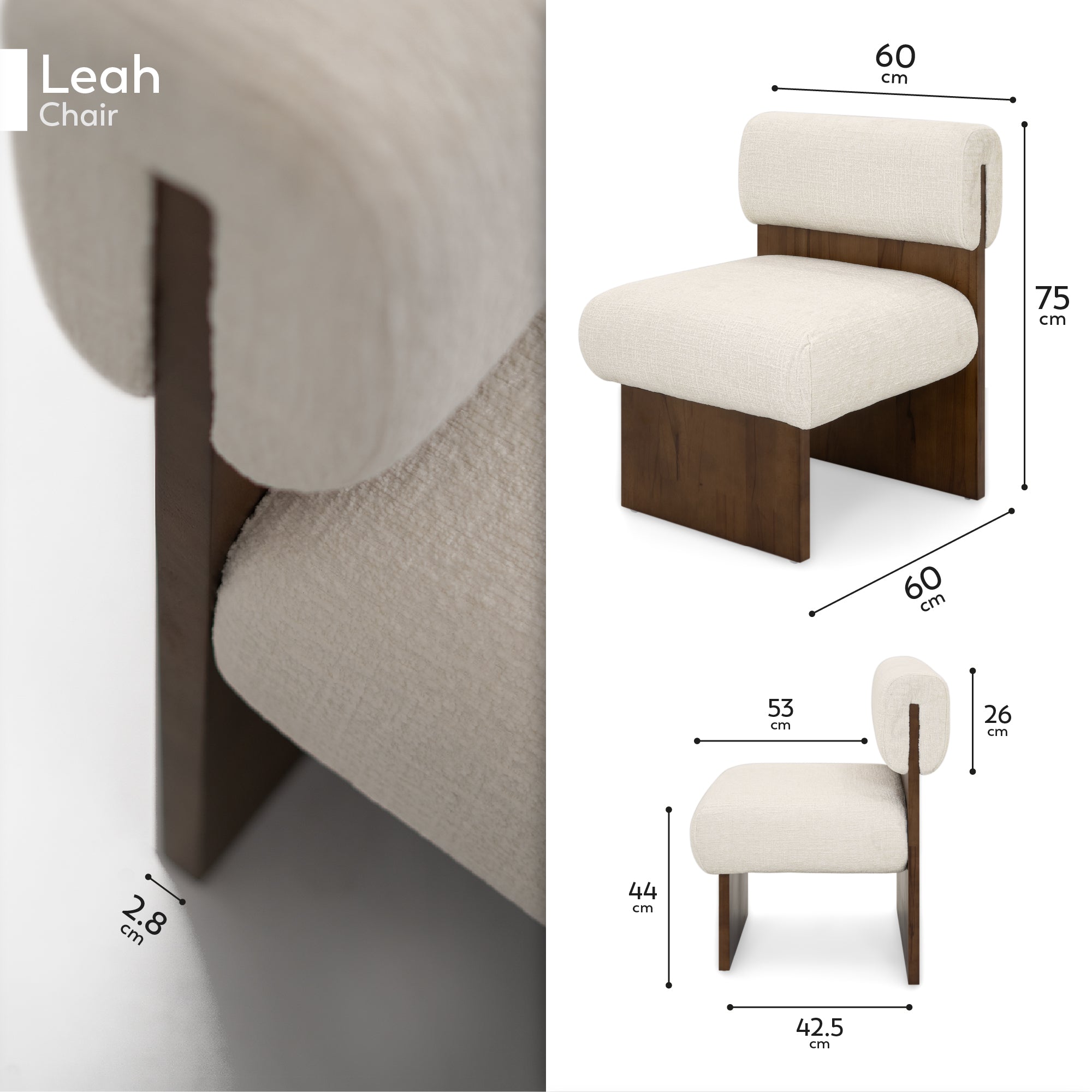 Leah – Cadeirão Acolchoado com Espuma de Alta Densidade 40 kg/m³, Estrutura em Madeira de Bétula, Design Escandinavo, 60x60x75 cm