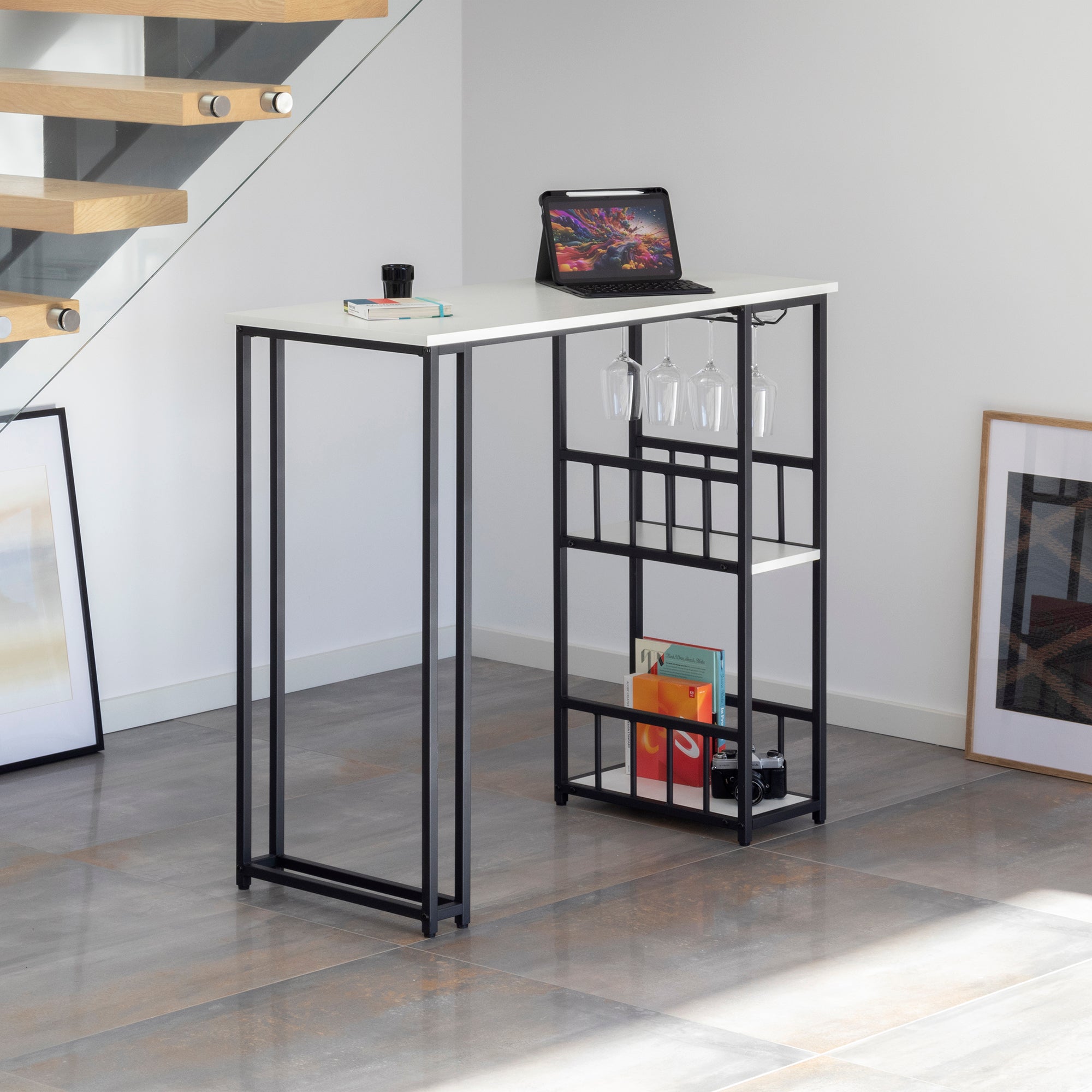 GAVIN – Mesa de Bar 110x50 cm, Altura 105 cm, com 2 Prateleiras e Porta-Copos, Estrutura em Aço, Estilo Industrial, Preto