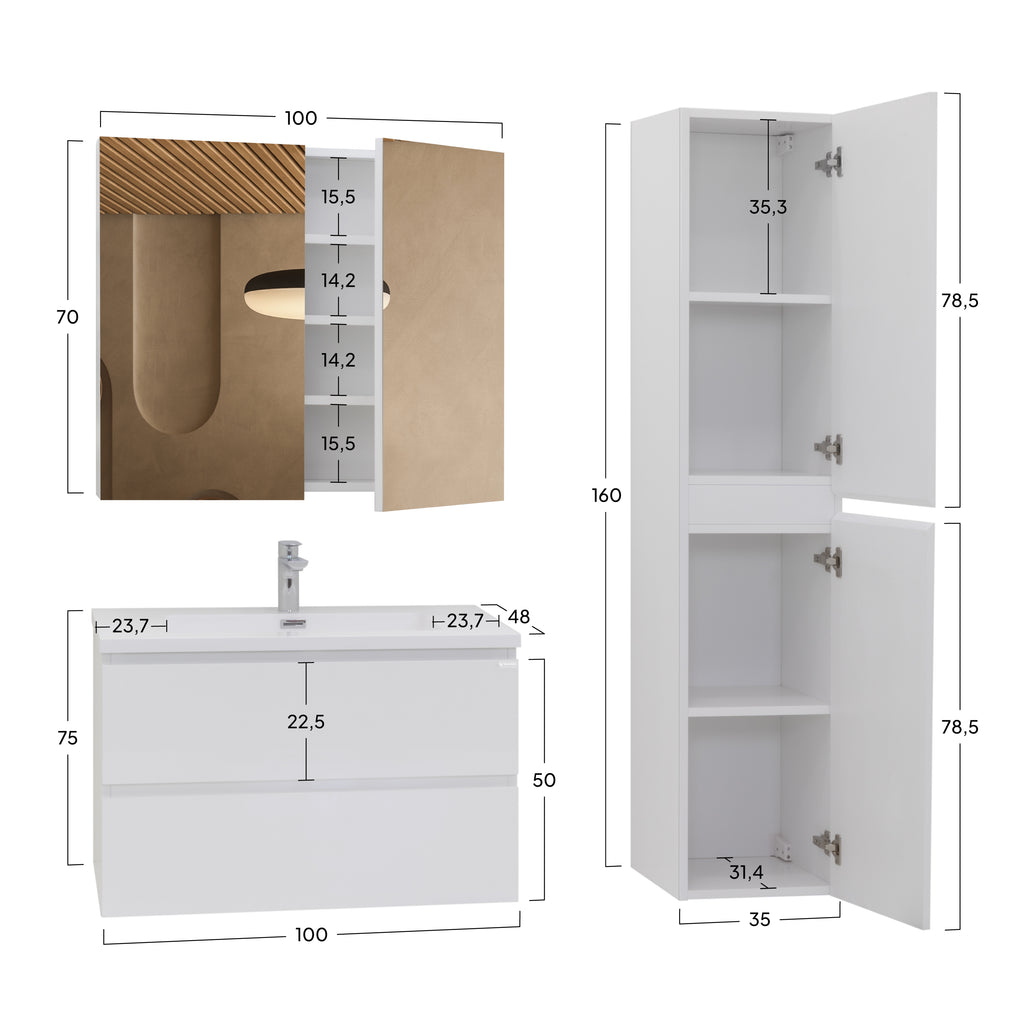 Atena - Conjunto de Casa de Banho Suspenso - Disponível em 60, 80, 100 e 120 cm - Várias Cores