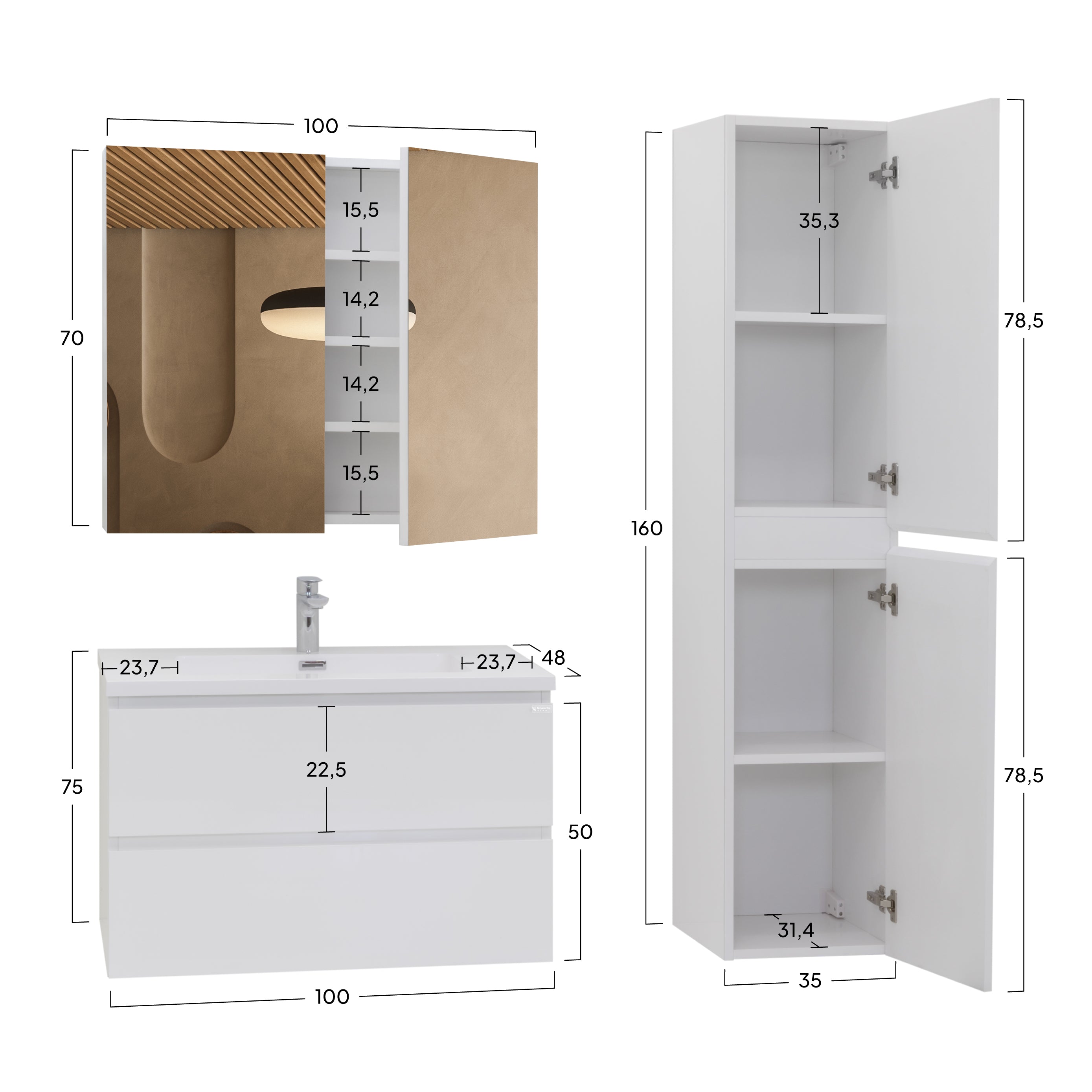 Atena - Conjunto de Casa de Banho Suspenso - Disponível em 60, 80, 100 e 120 cm - Várias Cores