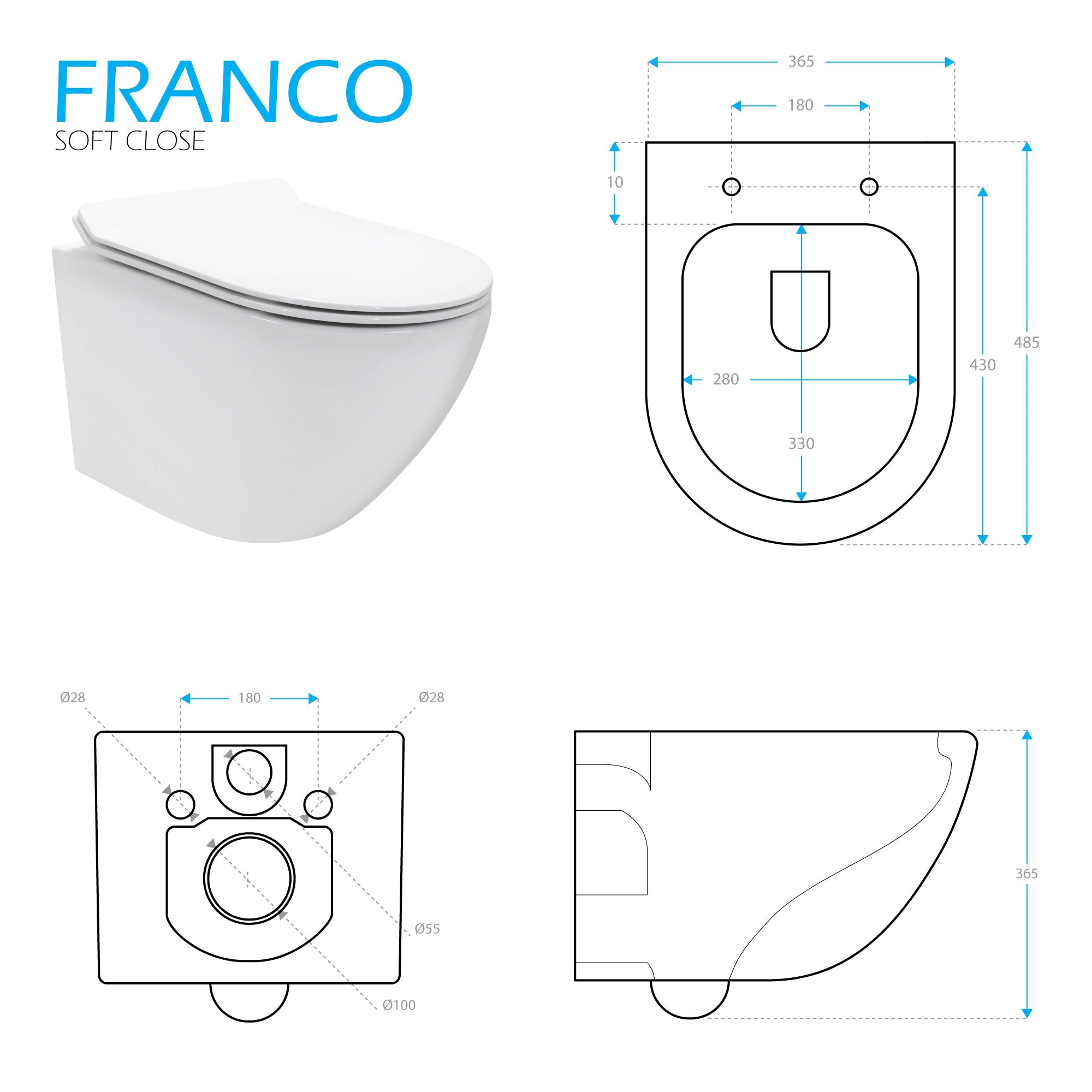 FRANCO - Sanita suspensa preta sem aro interno - tampa de fecho suave incluída