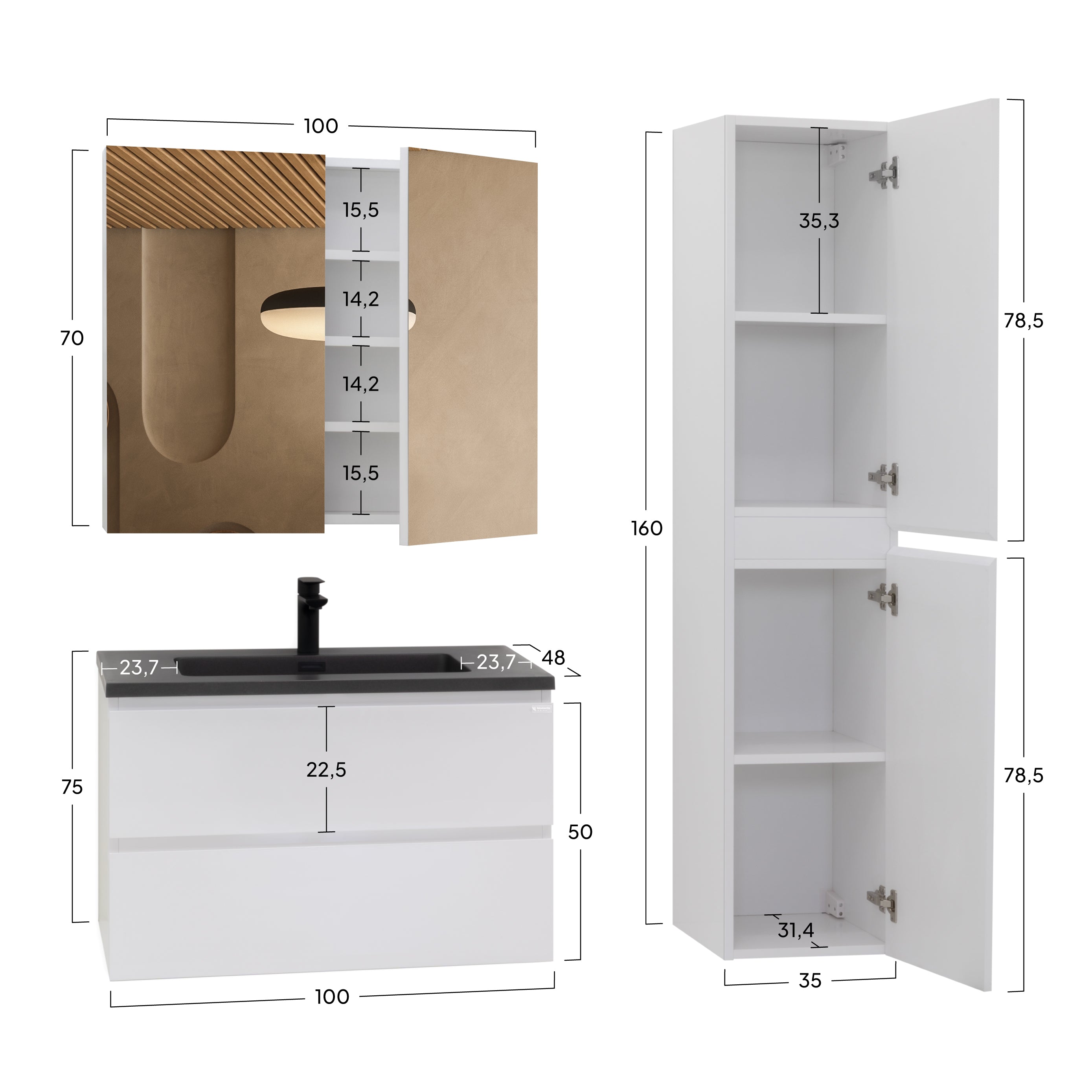 Atena - Conjunto de Casa de Banho Suspenso - Disponível em 60, 80, 100 e 120 cm - Várias Cores