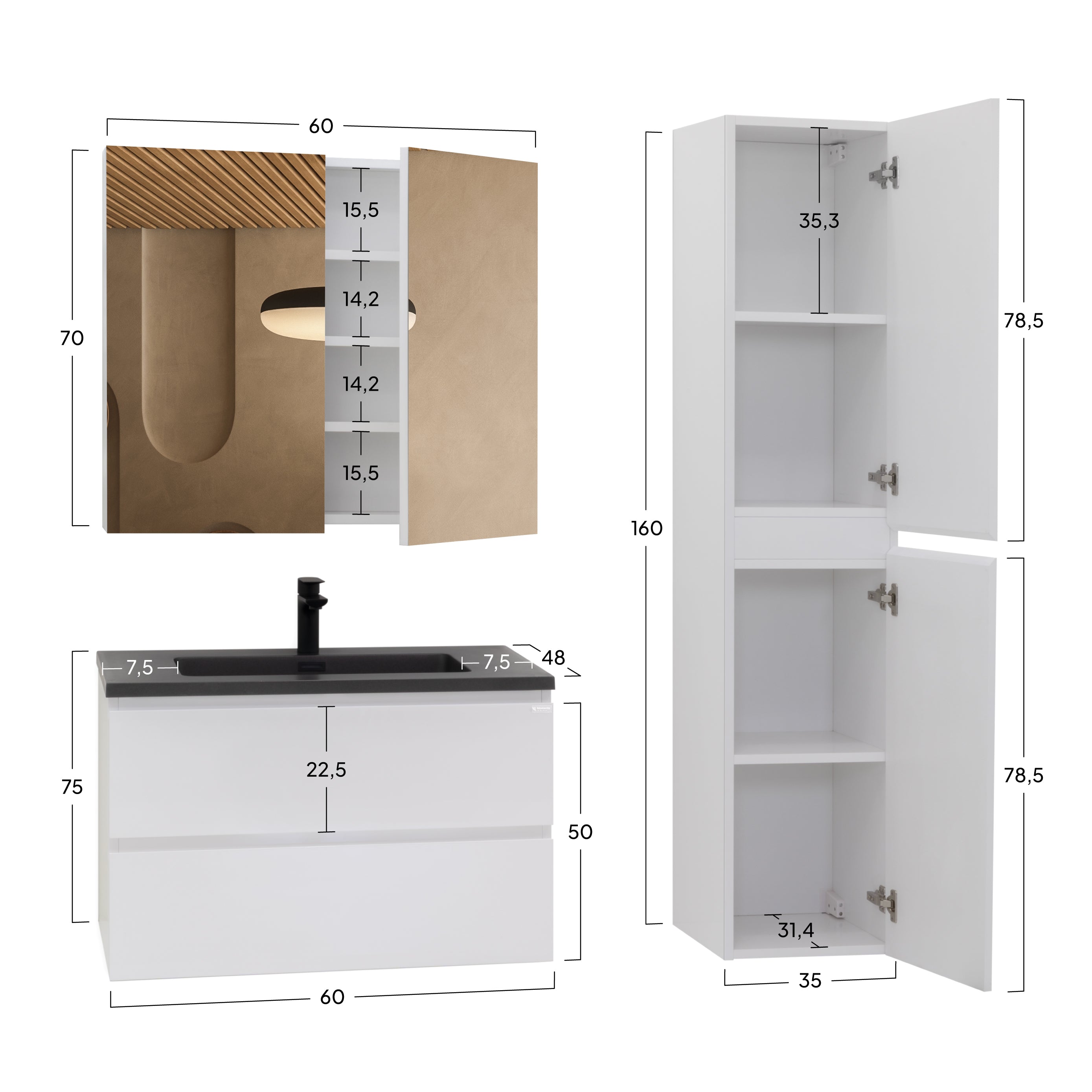 Atena - Conjunto de Casa de Banho Suspenso - Disponível em 60, 80, 100 e 120 cm - Várias Cores