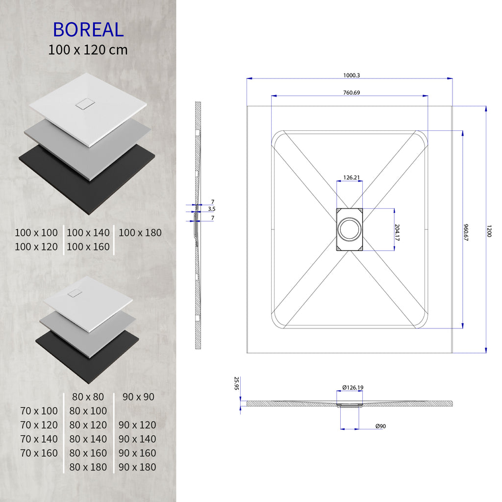 BOREAL - Base de Duche Preta Antiderrapante, Resistente, Duradouro e Fácil de Limpar - Inc. sifão