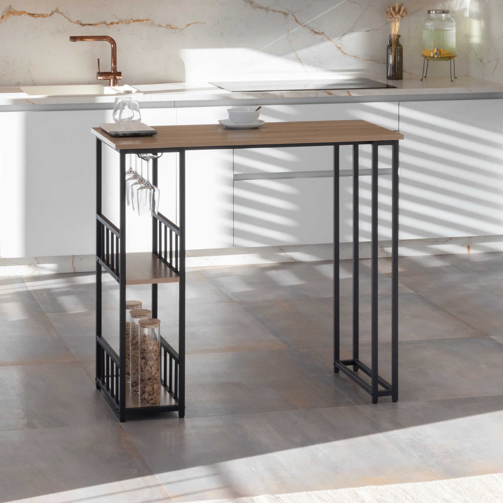 GAVIN – Mesa de Bar 110x50 cm, Altura 105 cm, com 2 Prateleiras e Porta-Copos, Estrutura em Aço, Estilo Industrial, Preto