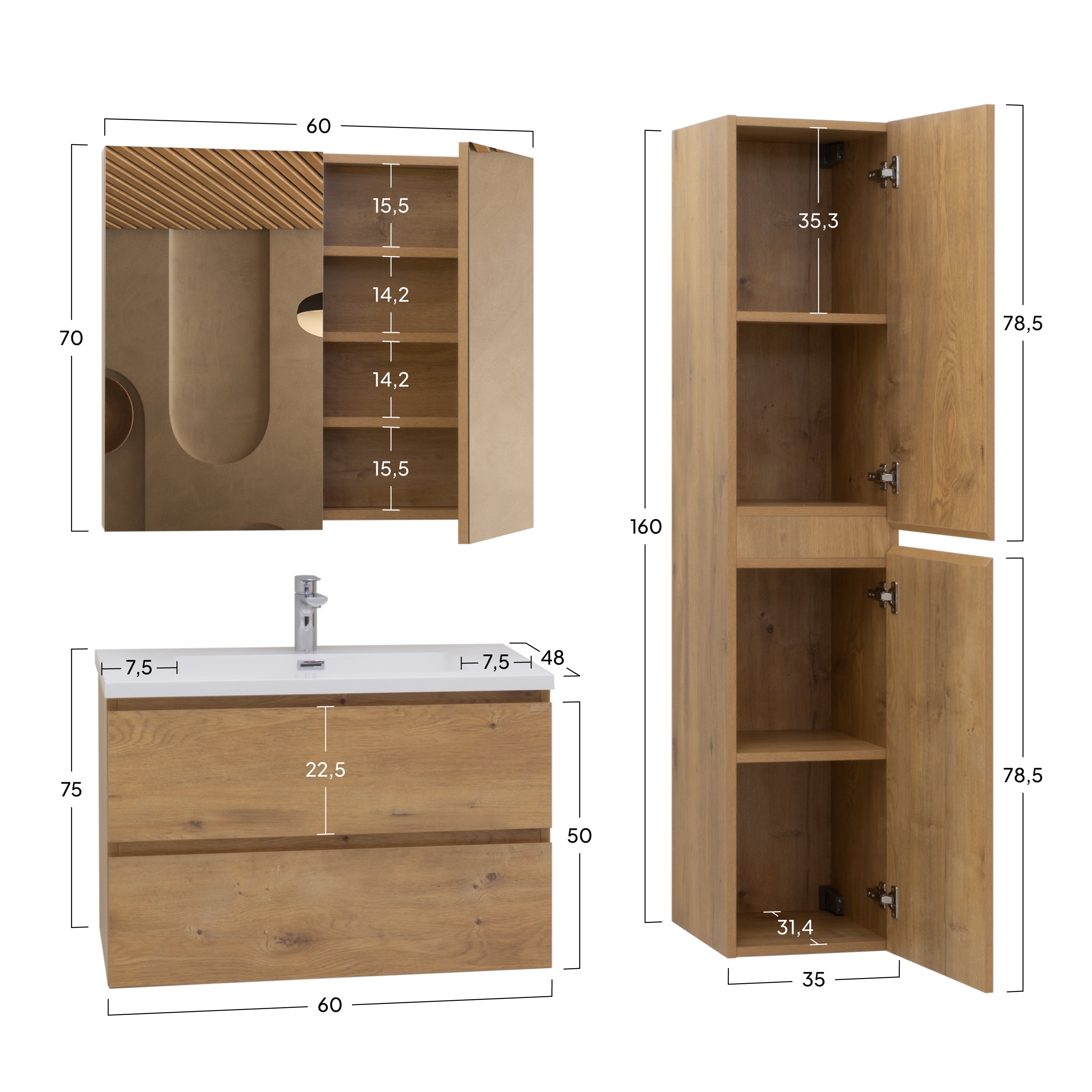 Atena - Conjunto de Casa de Banho Suspenso - Disponível em 60, 80, 100 e 120 cm - Várias Cores