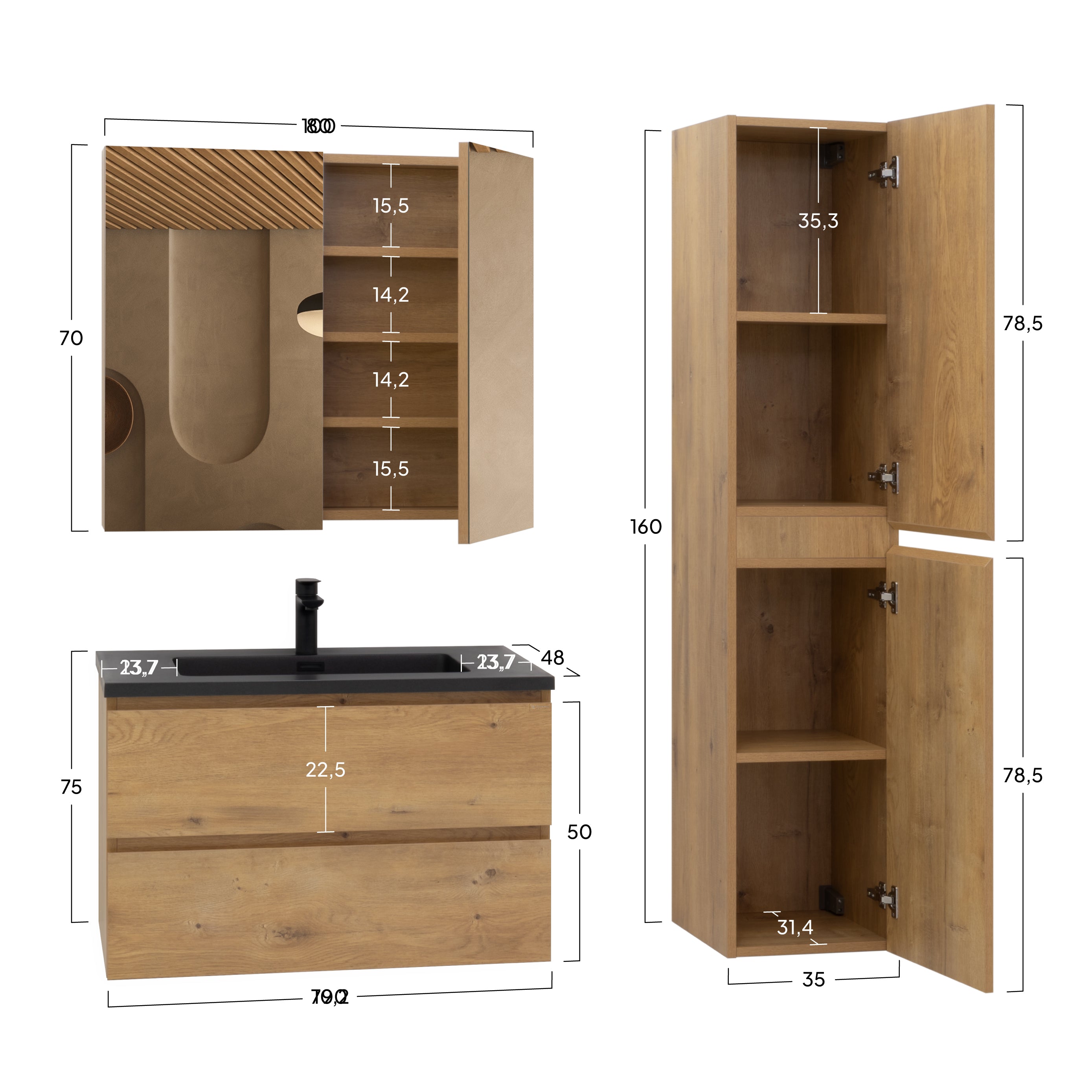 Atena - Conjunto de Casa de Banho Suspenso - Disponível em 60, 80, 100 e 120 cm - Várias Cores