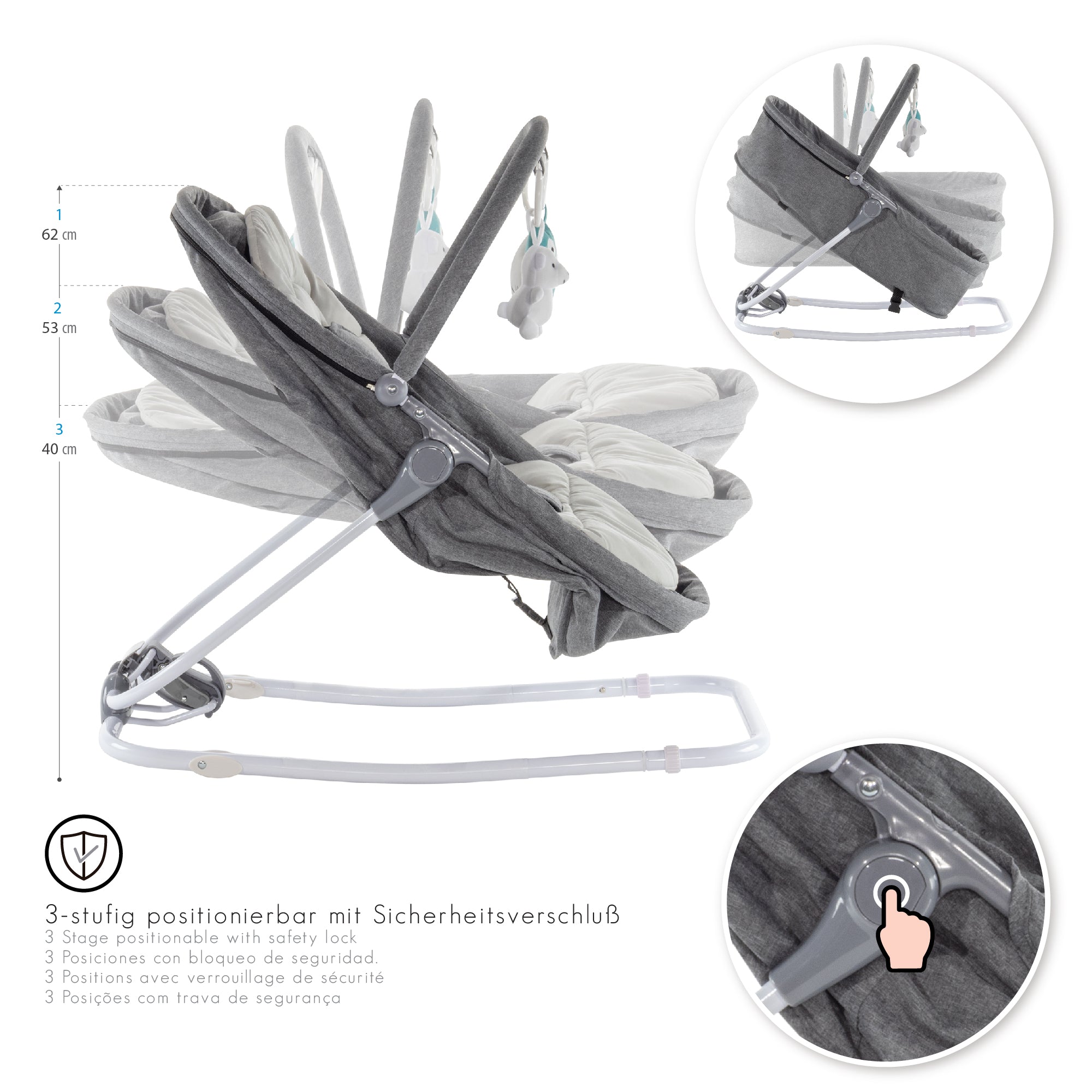 VIGO - Espreguiçadeira & Berço com Cobertura e Arco de Brincar Removivél