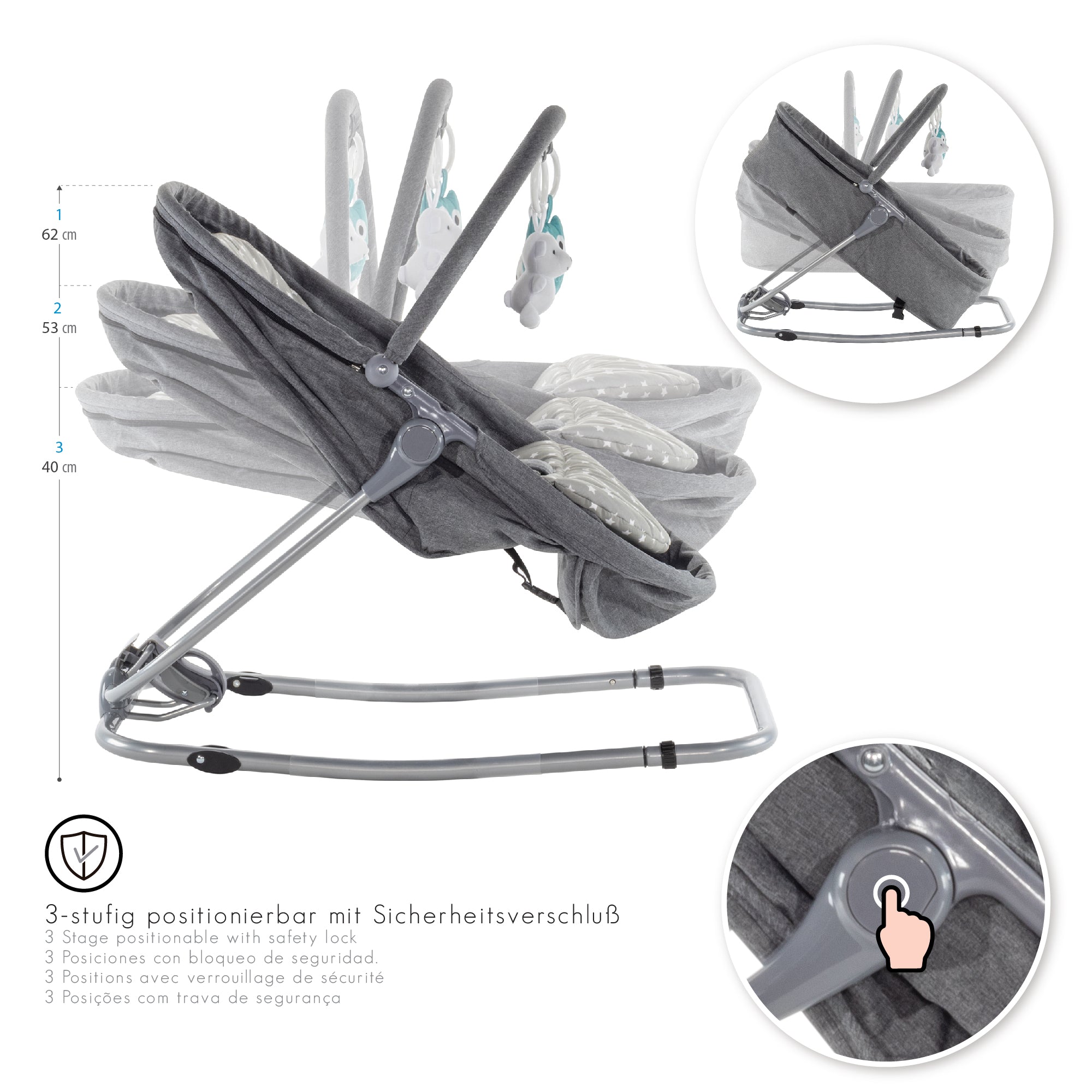 VIGO - Espreguiçadeira & Berço com Cobertura e Arco de Brincar Removivél