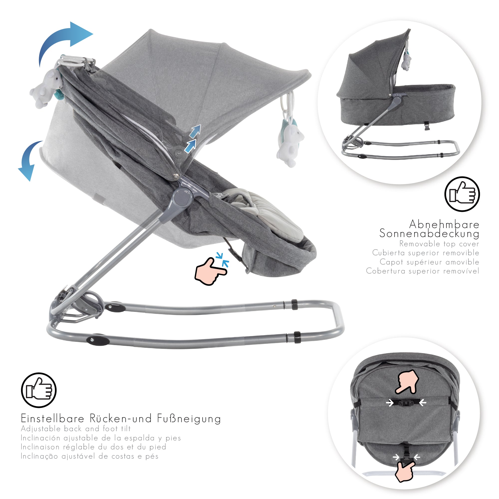 PAVO - Espreguiçadeira e Berço com Rede Mosquiteira, Cobertura e Arco Removível