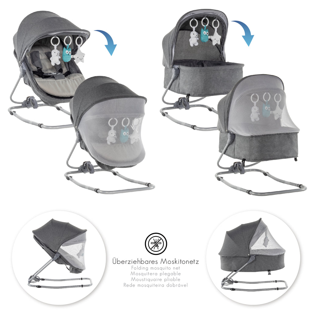 PAVO - Espreguiçadeira e Berço com Rede Mosquiteira, Cobertura e Arco Removível