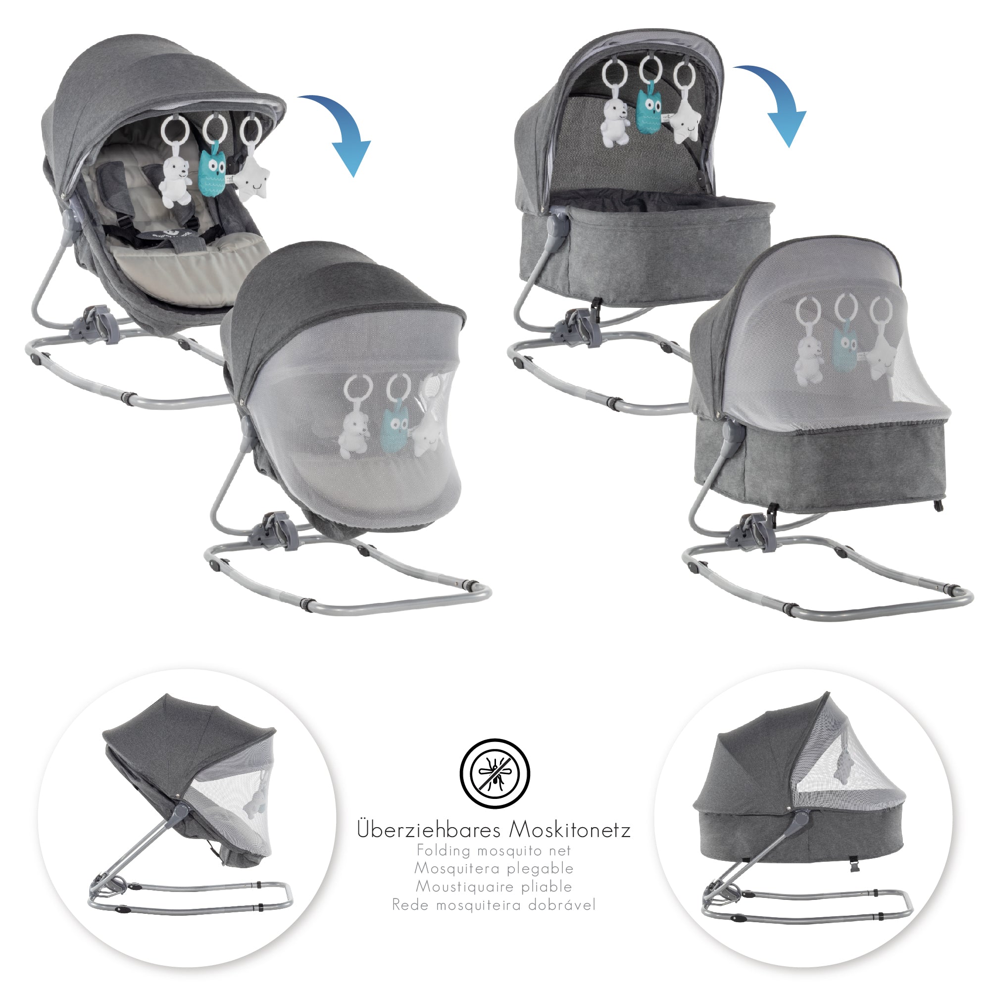 PAVO - Espreguiçadeira e Berço com Rede Mosquiteira, Cobertura e Arco Removível