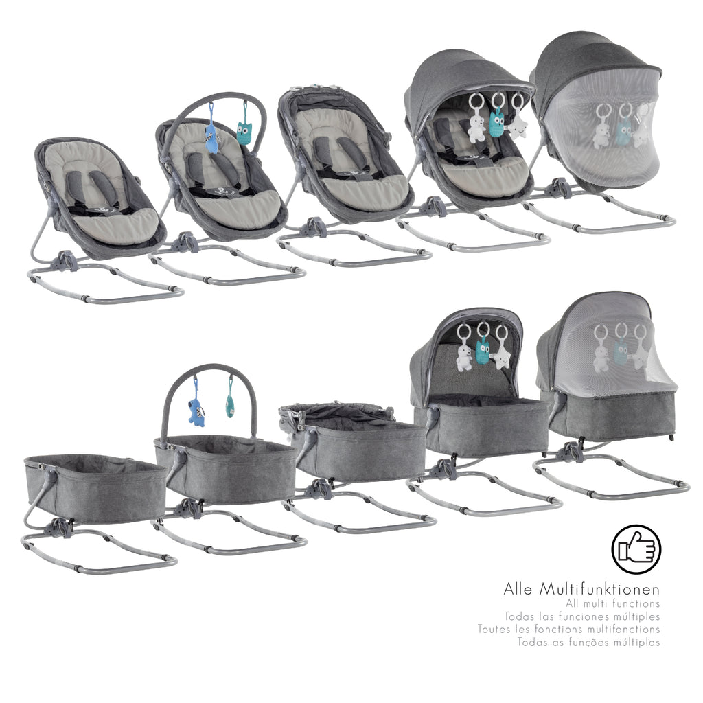 PAVO - Espreguiçadeira e Berço com Rede Mosquiteira, Cobertura e Arco Removível