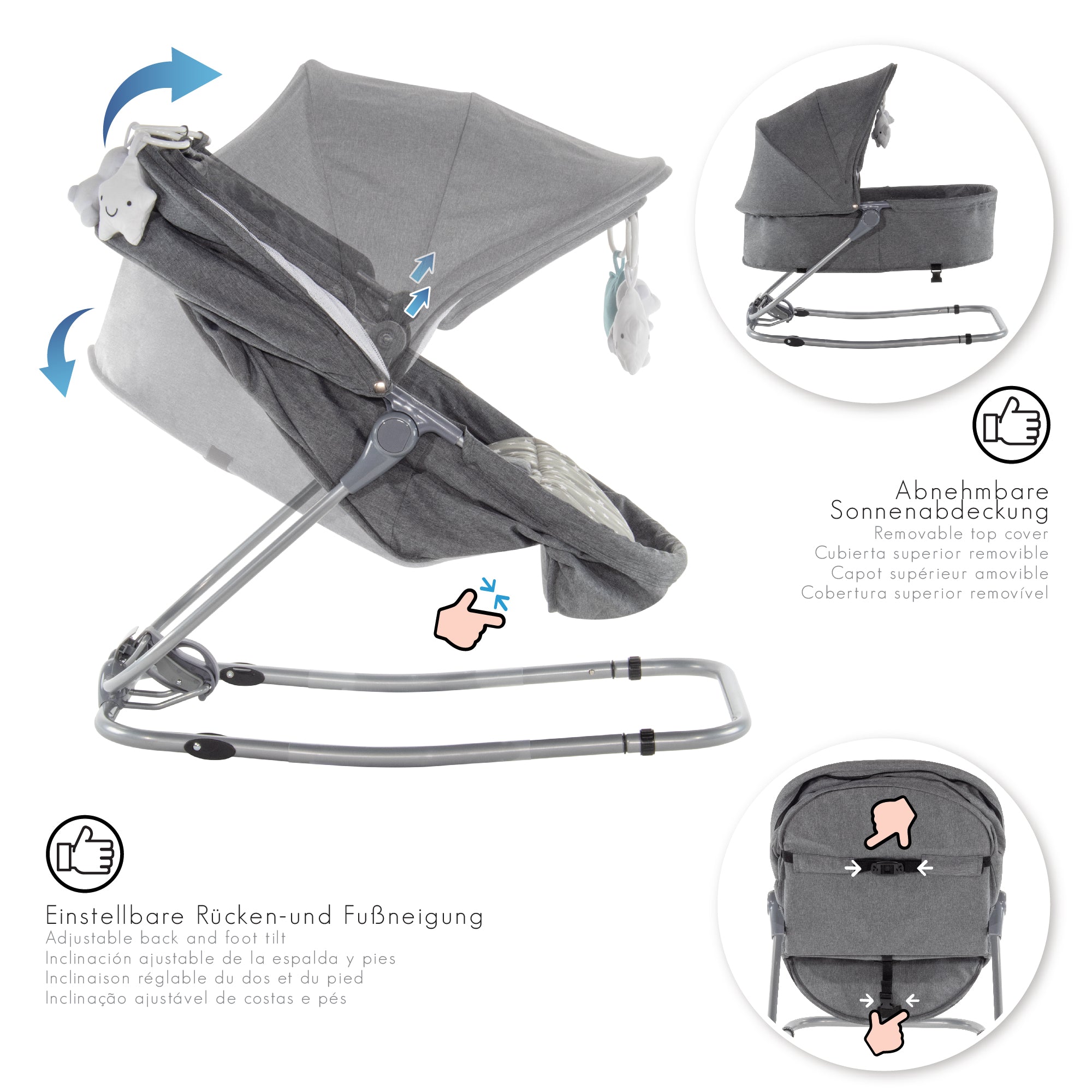 PAVO - Espreguiçadeira e Berço com Rede Mosquiteira, Cobertura e Arco Removível