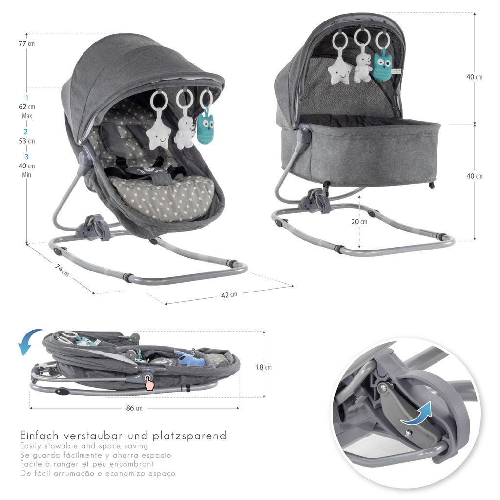 PAVO - Espreguiçadeira e Berço com Rede Mosquiteira, Cobertura e Arco Removível