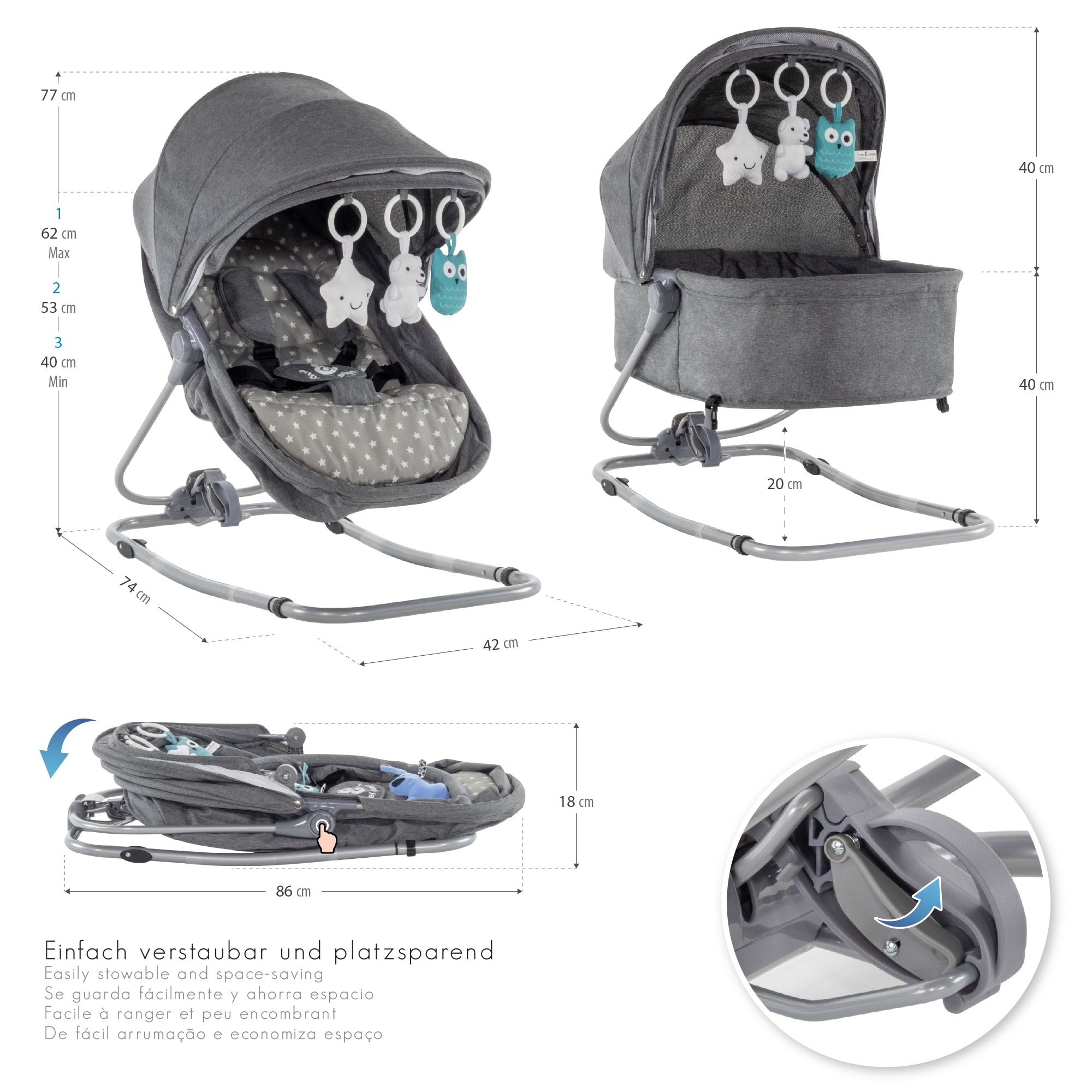 PAVO - Espreguiçadeira e Berço com Rede Mosquiteira, Cobertura e Arco Removível