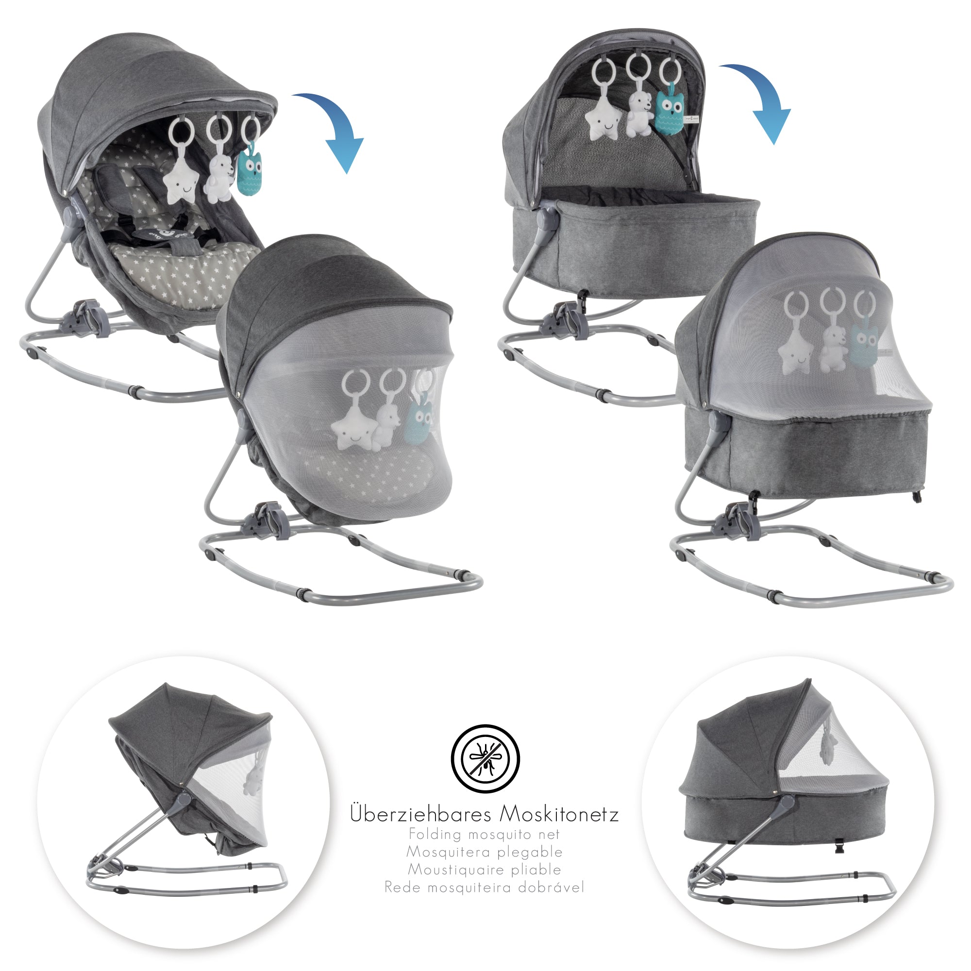 PAVO - Espreguiçadeira e Berço com Rede Mosquiteira, Cobertura e Arco Removível