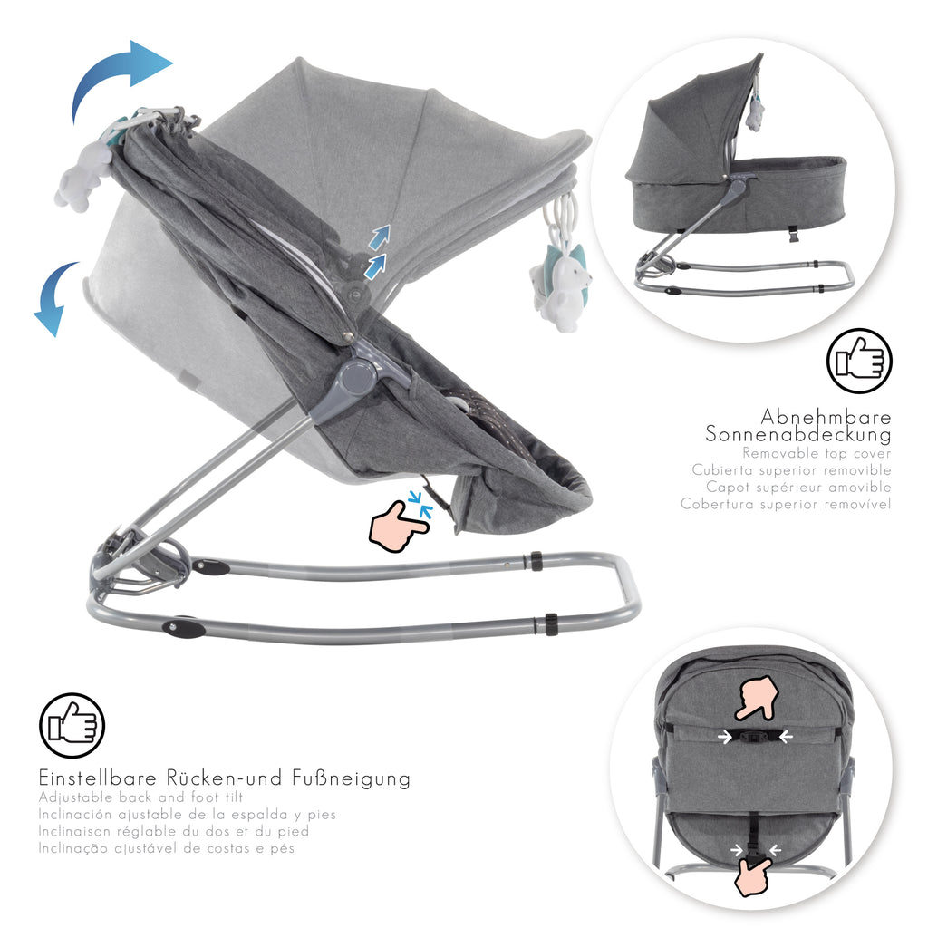 PAVO - Espreguiçadeira e Berço com Rede Mosquiteira, Cobertura e Arco Removível