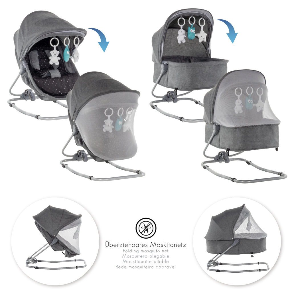 PAVO - Espreguiçadeira e Berço com Rede Mosquiteira, Cobertura e Arco Removível
