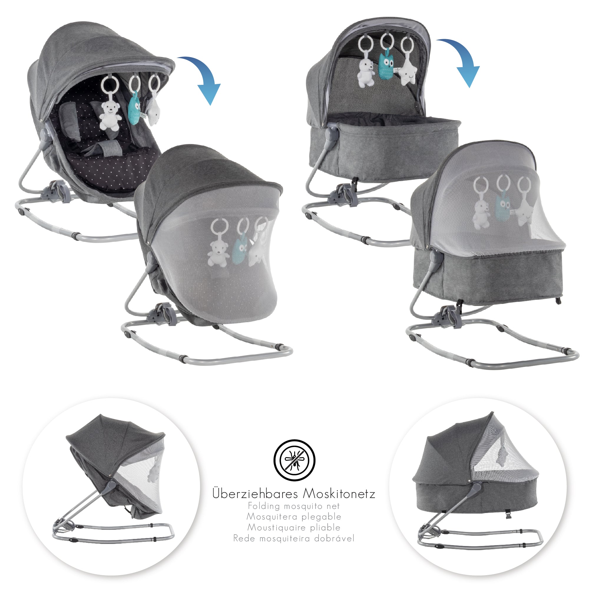 PAVO - Espreguiçadeira e Berço com Rede Mosquiteira, Cobertura e Arco Removível