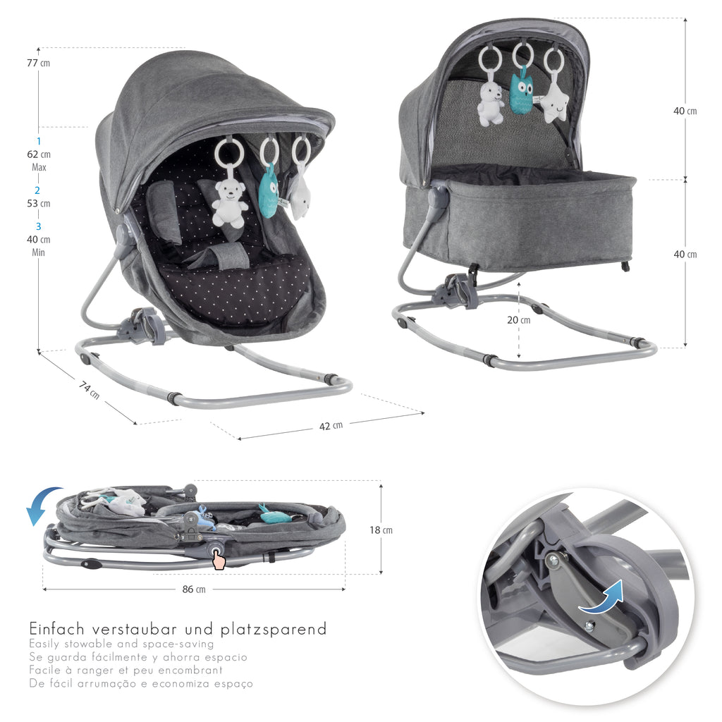 PAVO - Espreguiçadeira e Berço com Rede Mosquiteira, Cobertura e Arco Removível