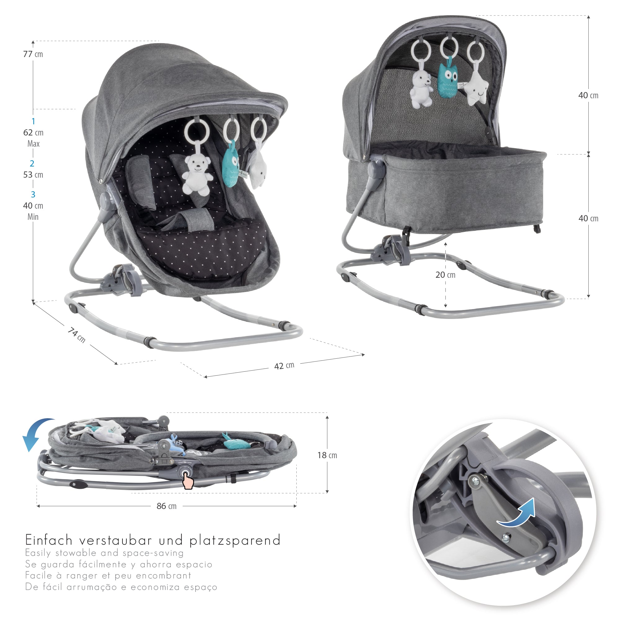 PAVO - Espreguiçadeira e Berço com Rede Mosquiteira, Cobertura e Arco Removível