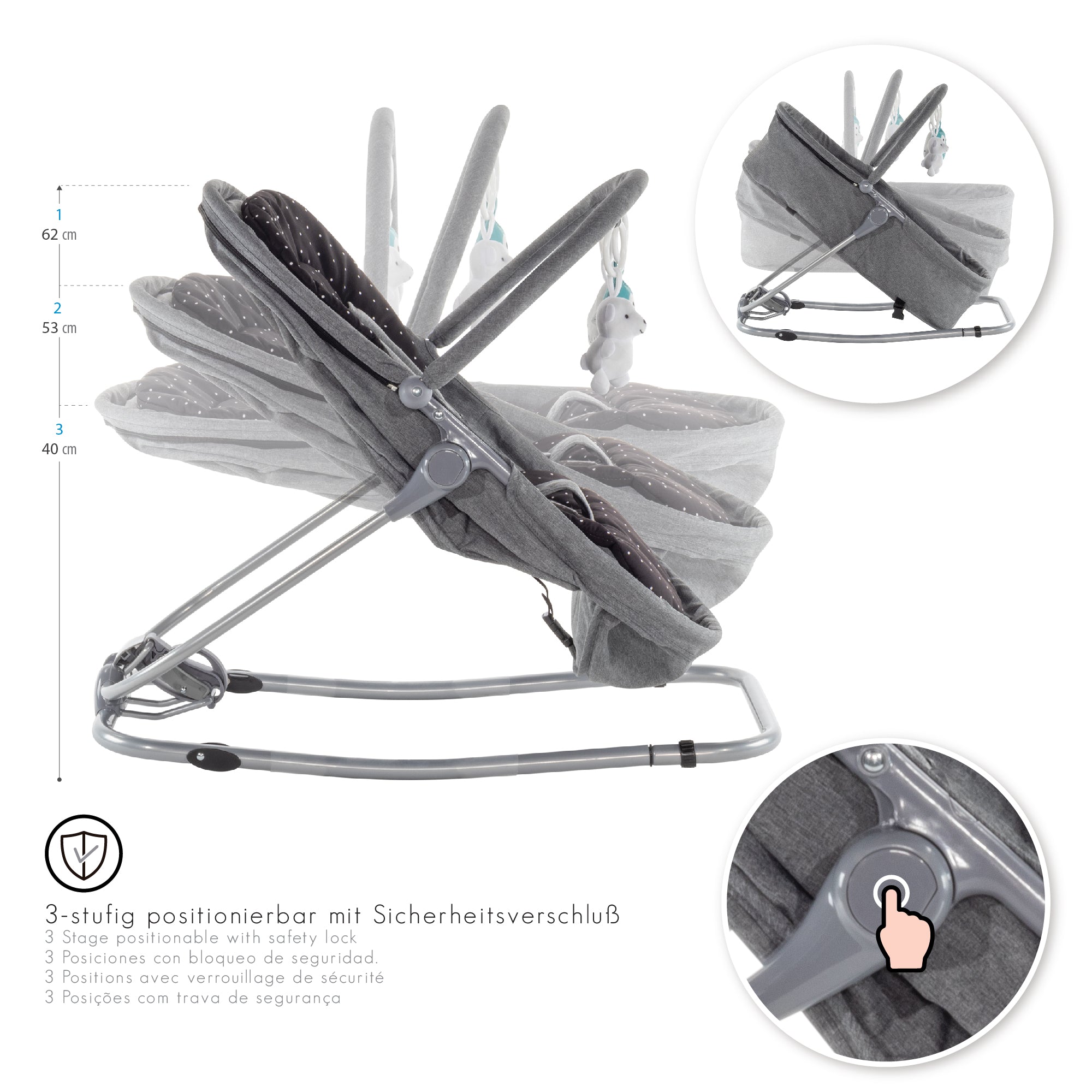 VIGO - Espreguiçadeira & Berço com Cobertura e Arco de Brincar Removivél